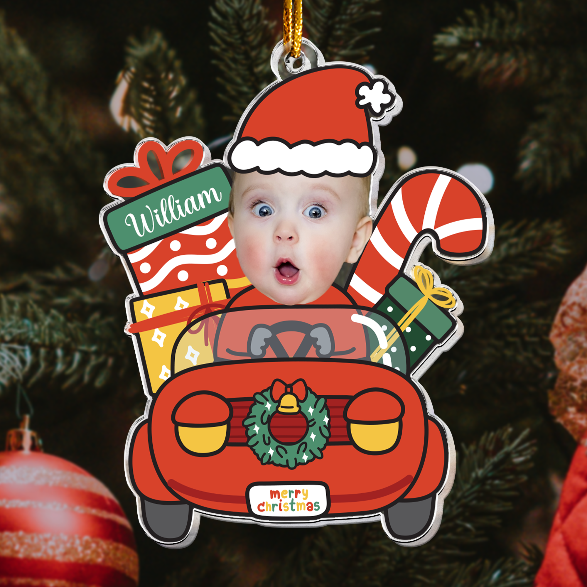 Cute Baby Santa Claus Drive Christmas Car - Personalized Acrylic Photo Ornament