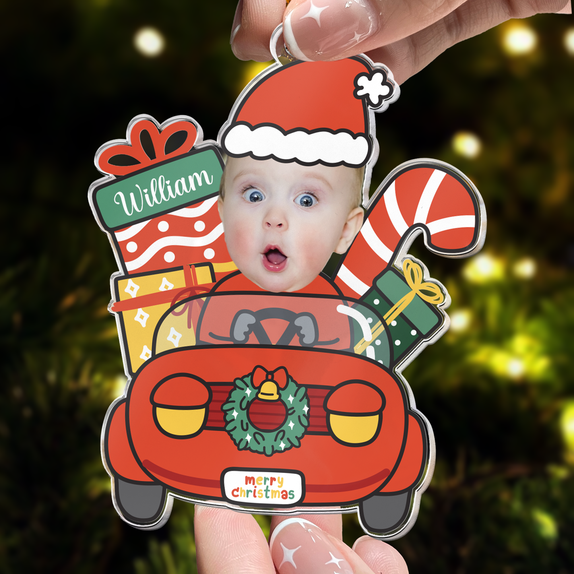 Cute Baby Santa Claus Drive Christmas Car - Personalized Acrylic Photo Ornament