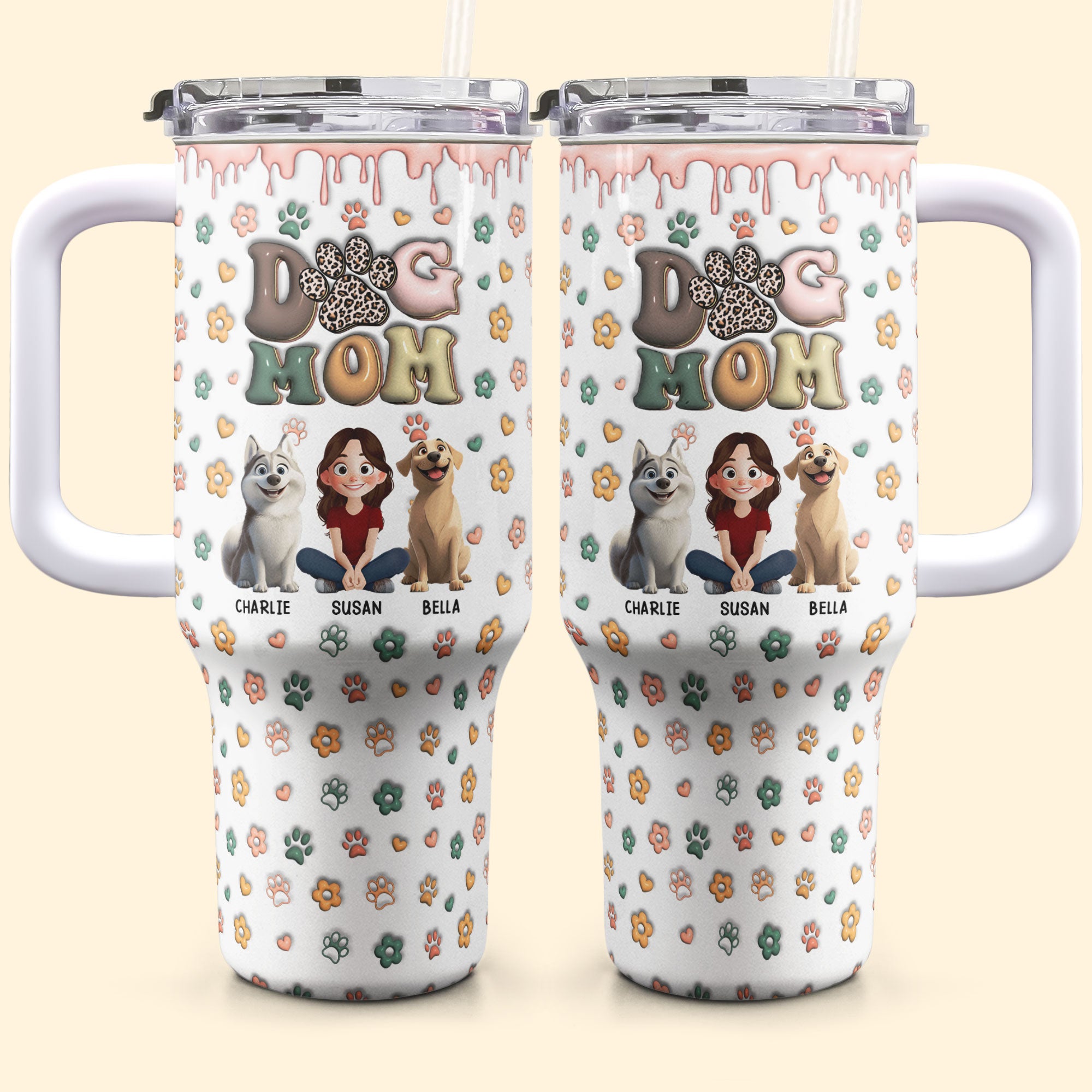 DOG MOM, DOG MAMA 3D Style Pattern - Personalized 40oz Tumbler With Straw