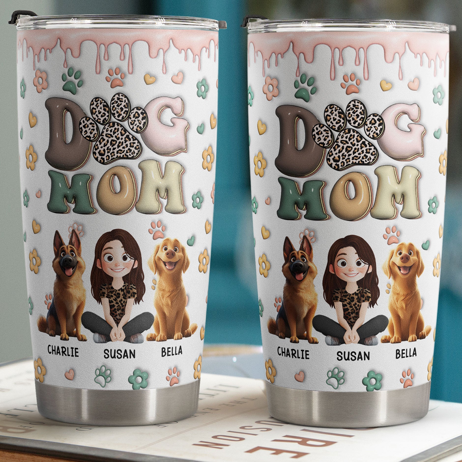 DOG MOM, DOG MAMA 3D Style Pattern - Personalized Tumbler Cup