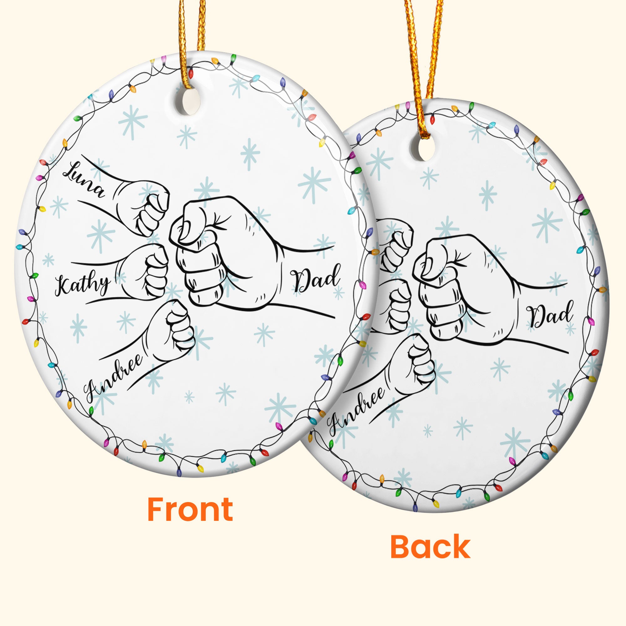 Dad Hand Bump Kid Name Christmas Light - Personalized Two-Sided Ceramic Ornament