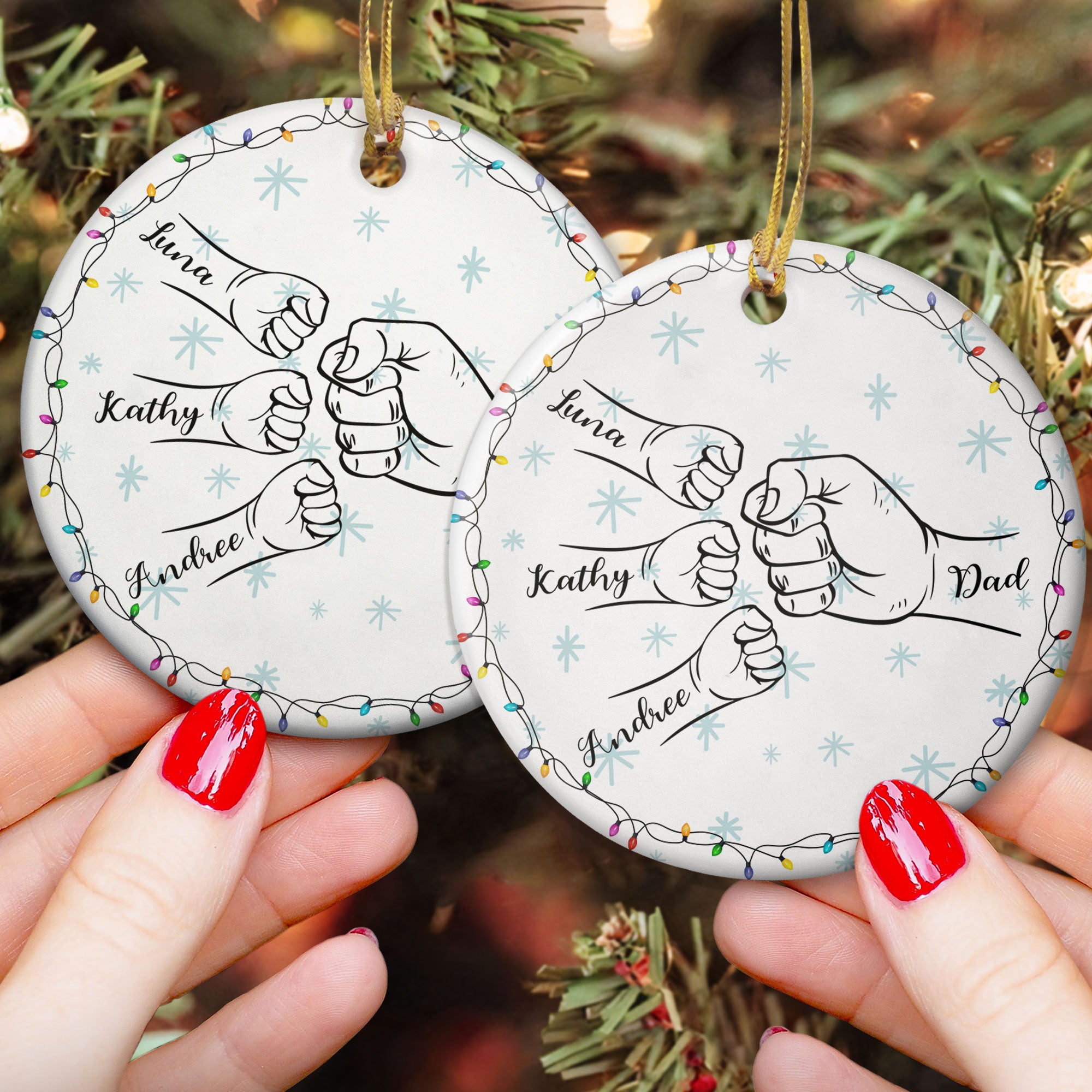 Dad Hand Bump Kid Name Christmas Light - Personalized Two-Sided Ceramic Ornament