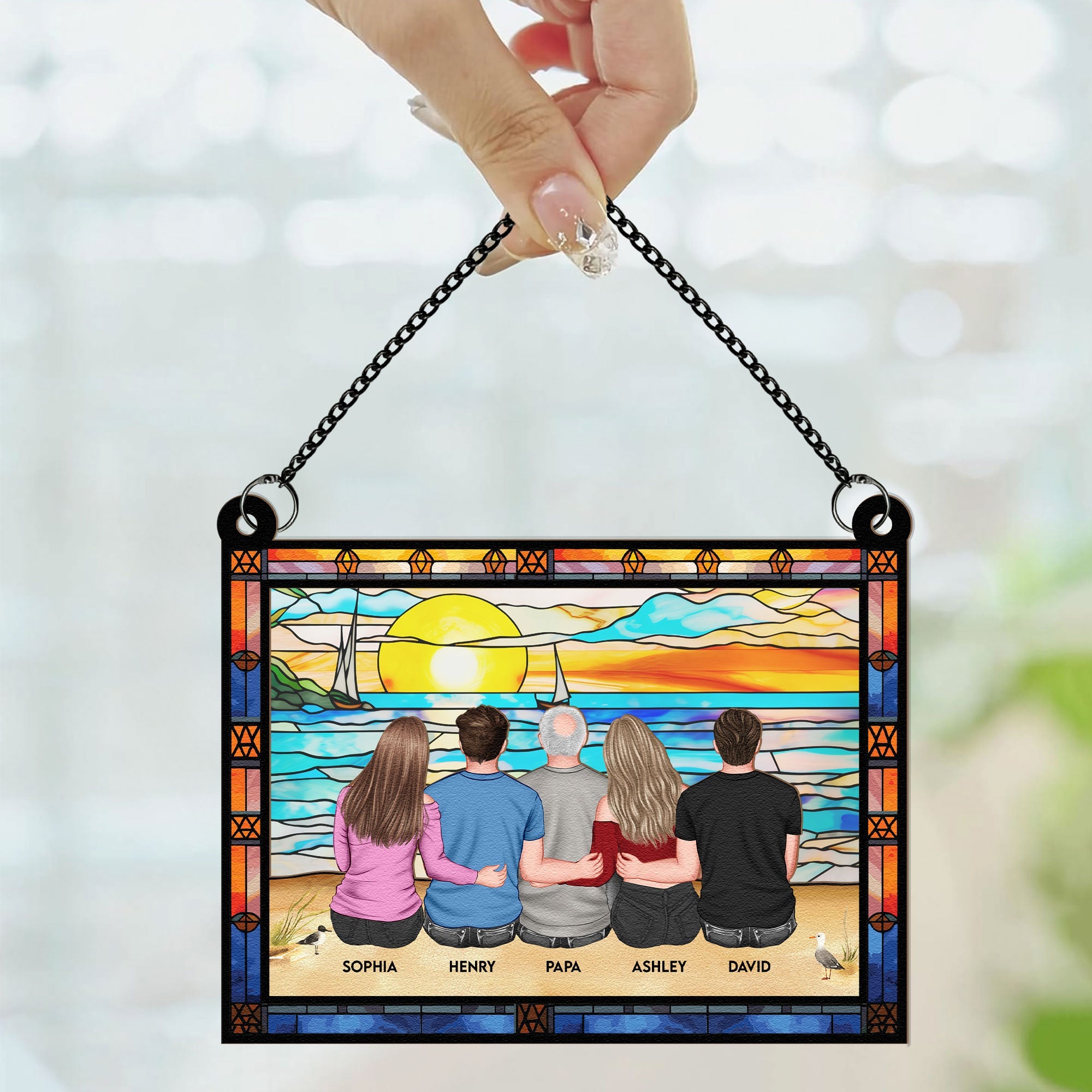 Dad & Children Sitting On The Beach - Personalized Window Hanging Suncatcher Ornament