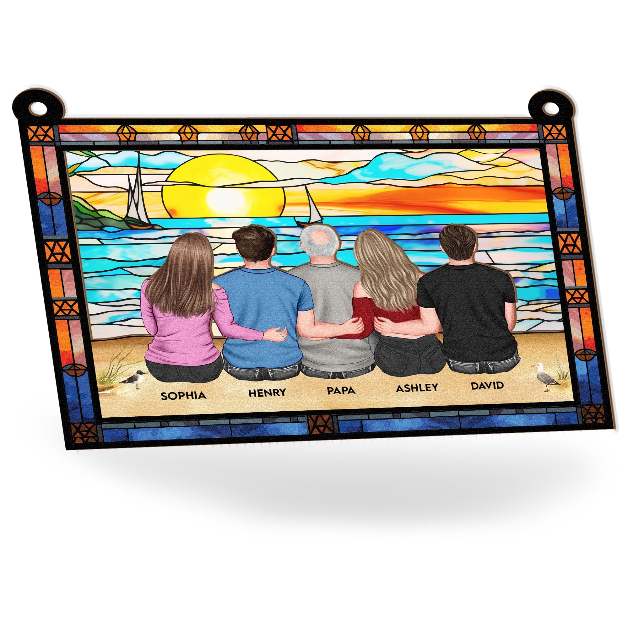 Dad & Children Sitting On The Beach - Personalized Window Hanging Suncatcher Ornament