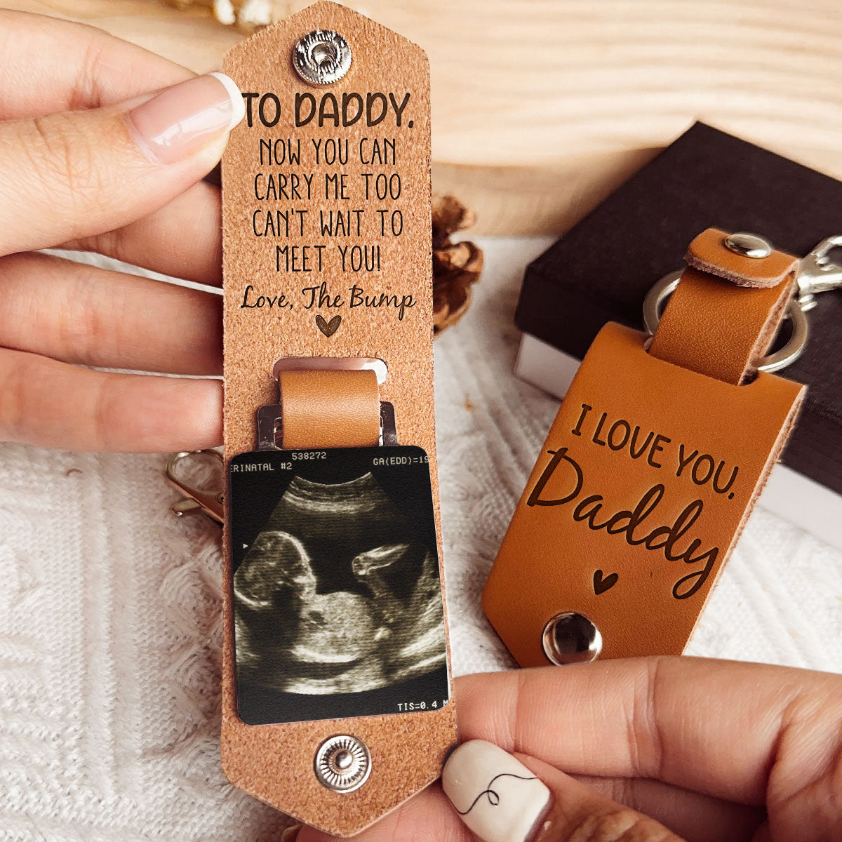 Daddy Can't Wait To Meet You From The Bump - Personalized Leather Photo Keychain