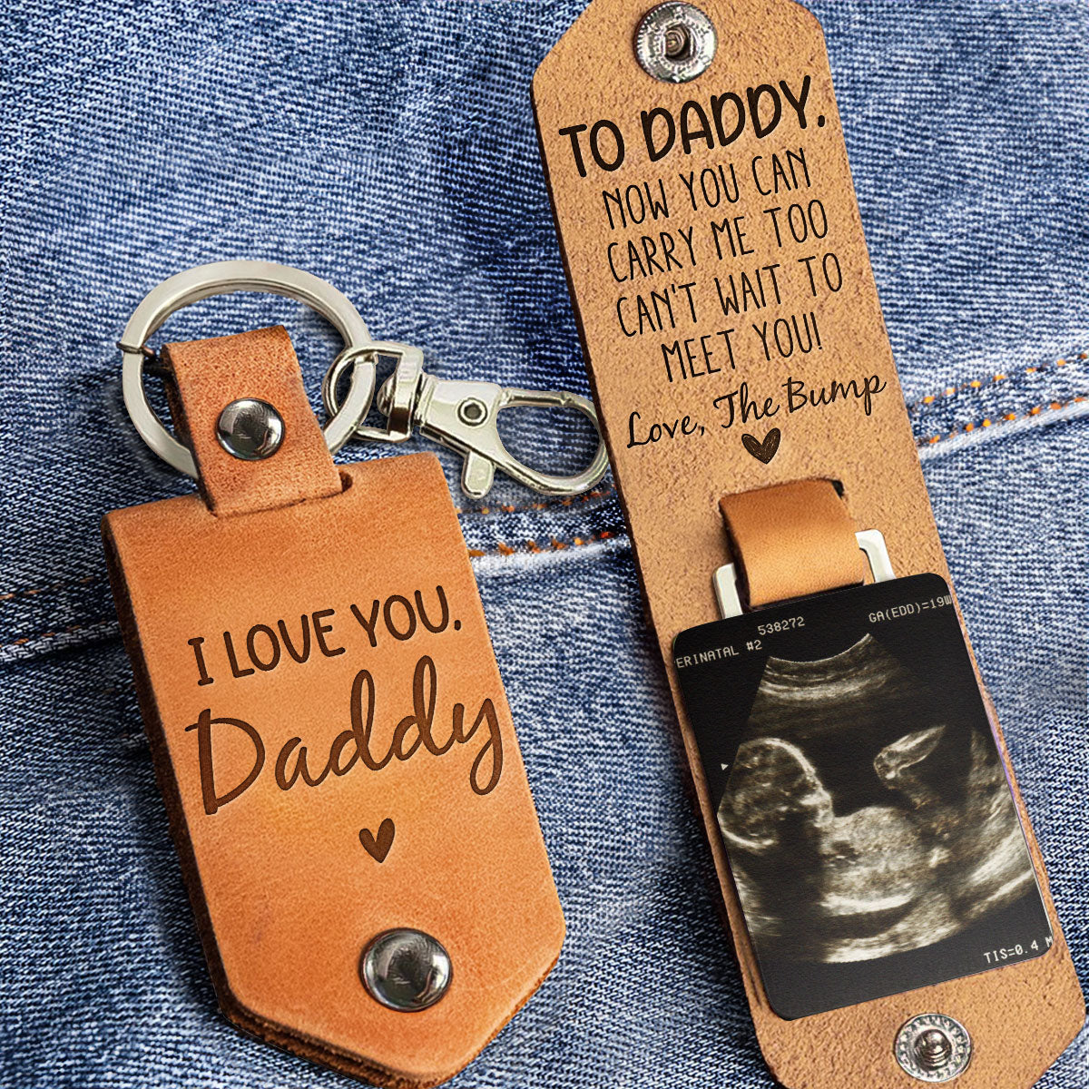 Daddy Can't Wait To Meet You From The Bump - Personalized Leather Photo Keychain