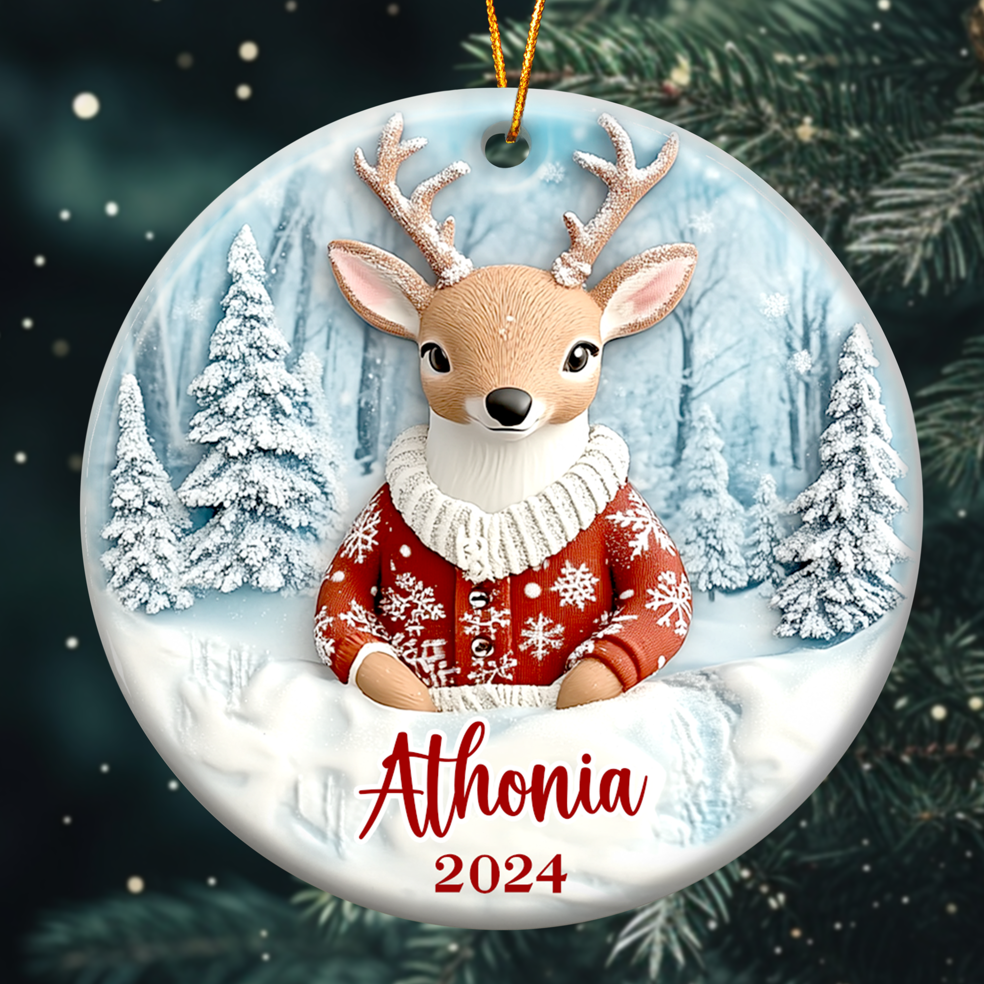 Deer Ornaments Christmas Decoration - Flat Ornament - Personalized Ceramic Ornament