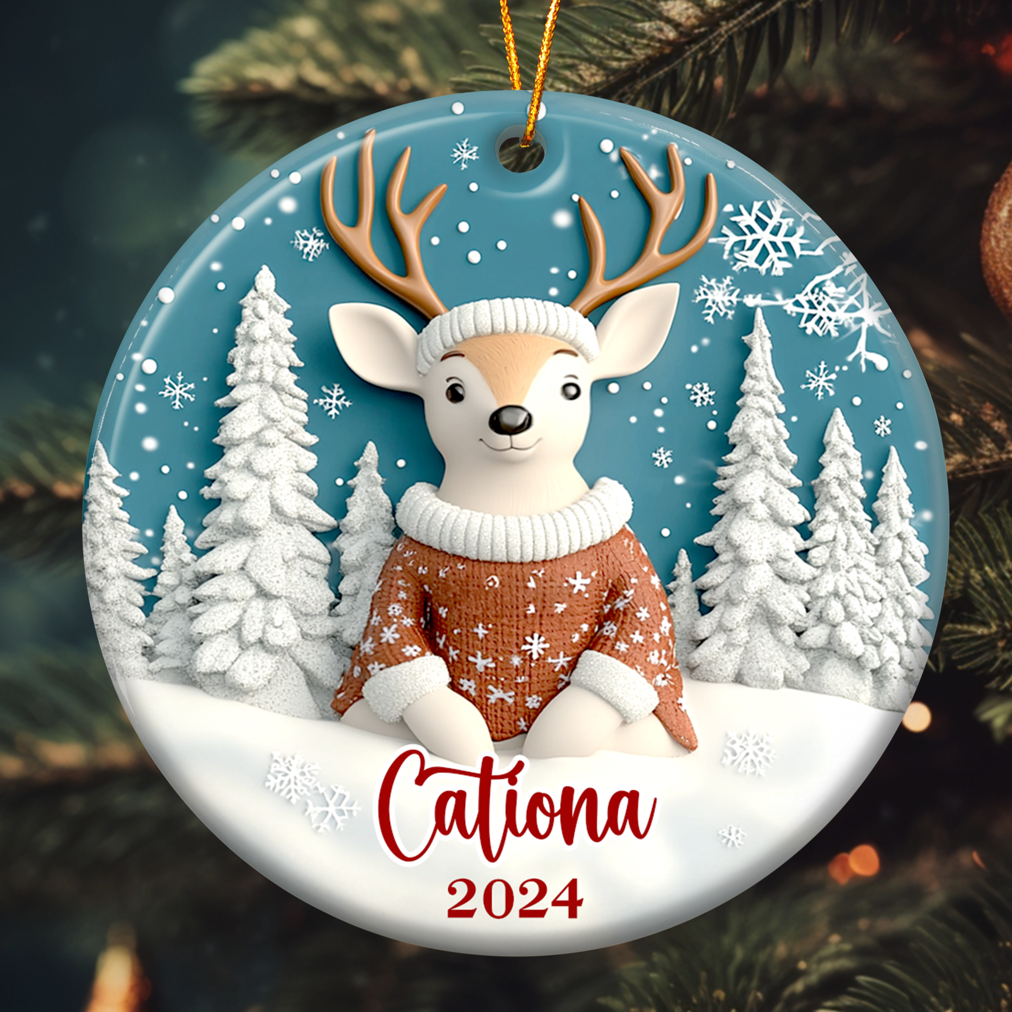 Deer Ornaments Christmas Decoration - Flat Ornament - Personalized Ceramic Ornament