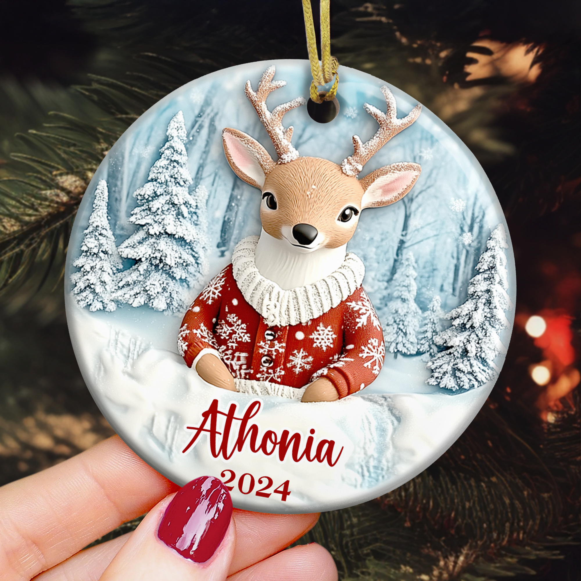 Deer Ornaments Christmas Decoration - Flat Ornament - Personalized Ceramic Ornament