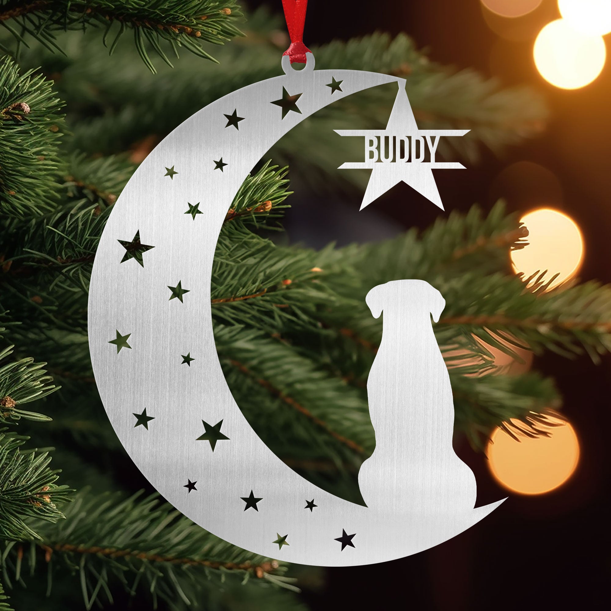 Dog Sitting On The Moon - Personalized Metal Ornament