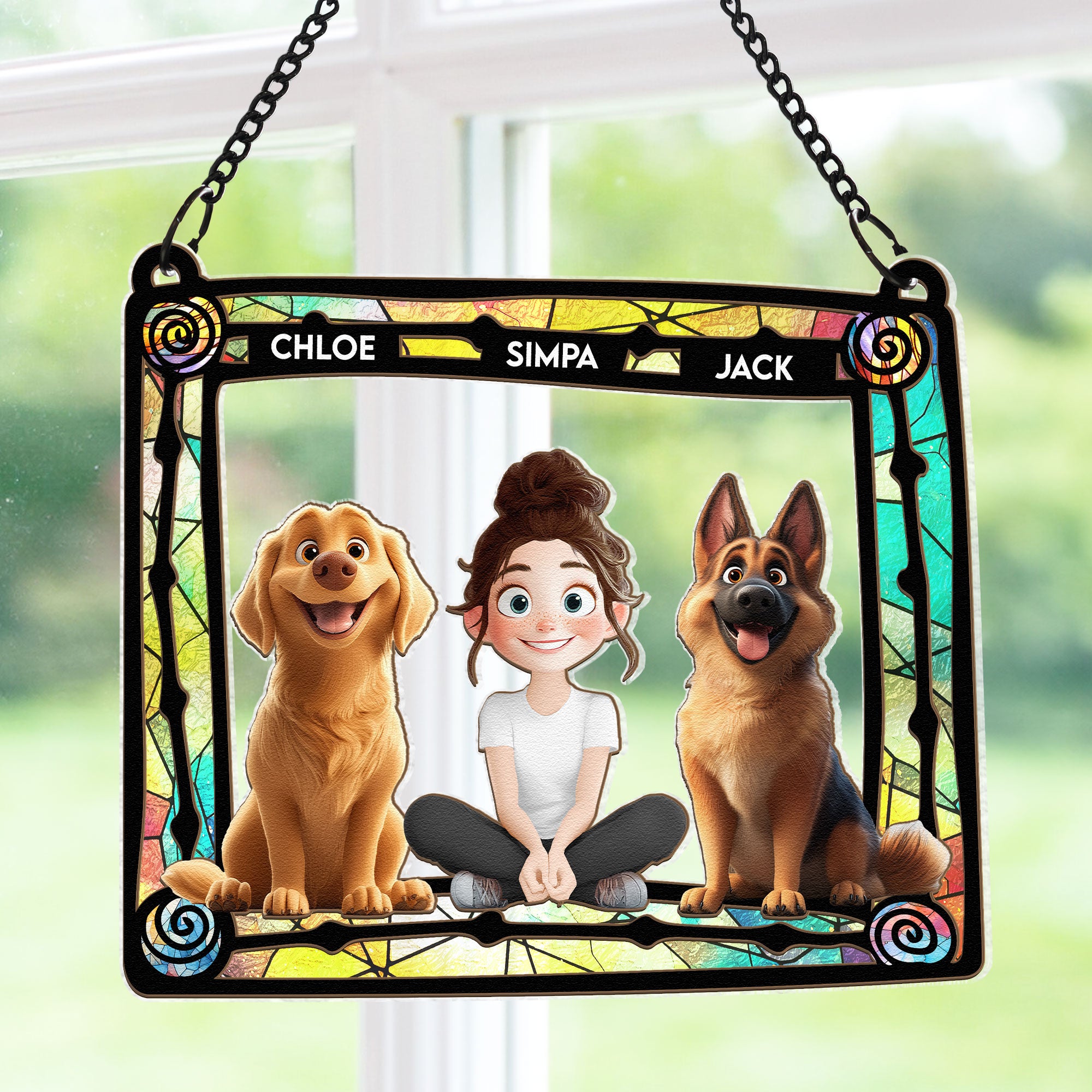 Dog Mom & Her Dogs - Personalized Window Hanging Suncatcher Ornament