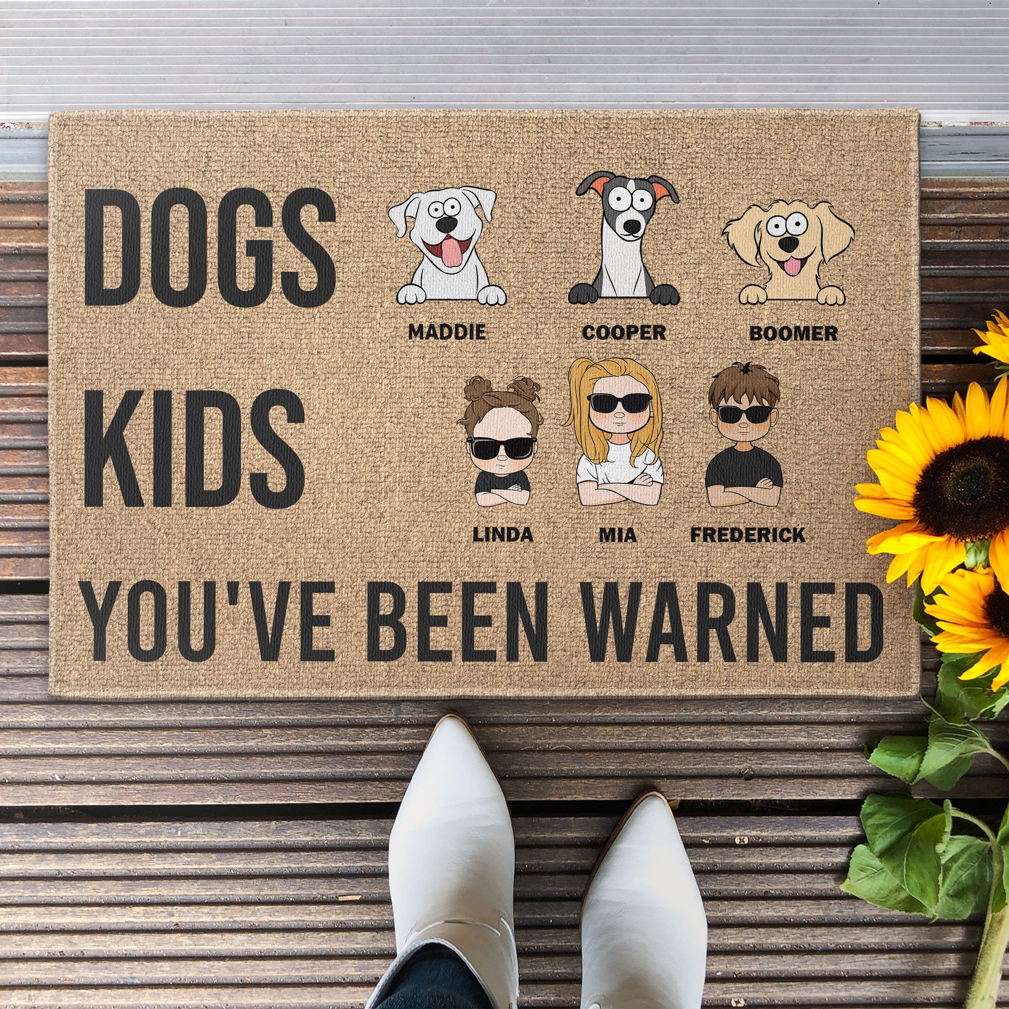 Dogs, Kids, You've Been Warned - Personalized Doormat