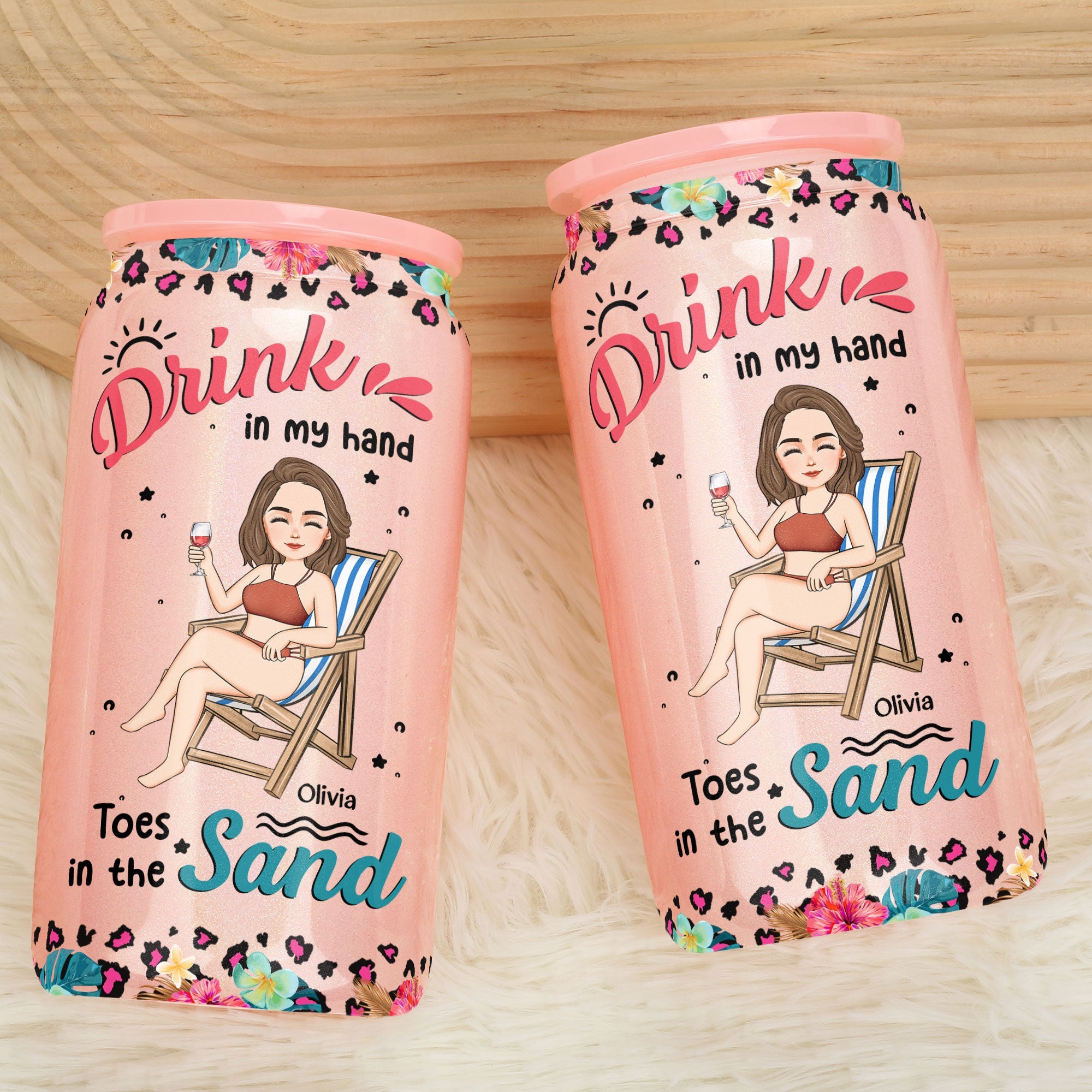 Drink In My Hand Toes In The Sand - Personalized Shimmer Glass Can