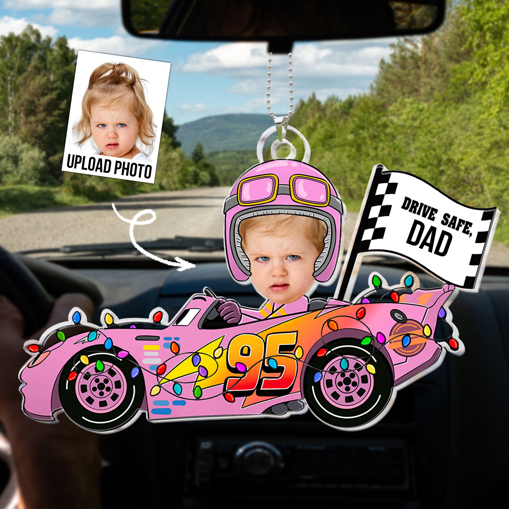 Drive Safe Daddy Custom Face Kid - Personalized Photo Rear View Mirror Accessory