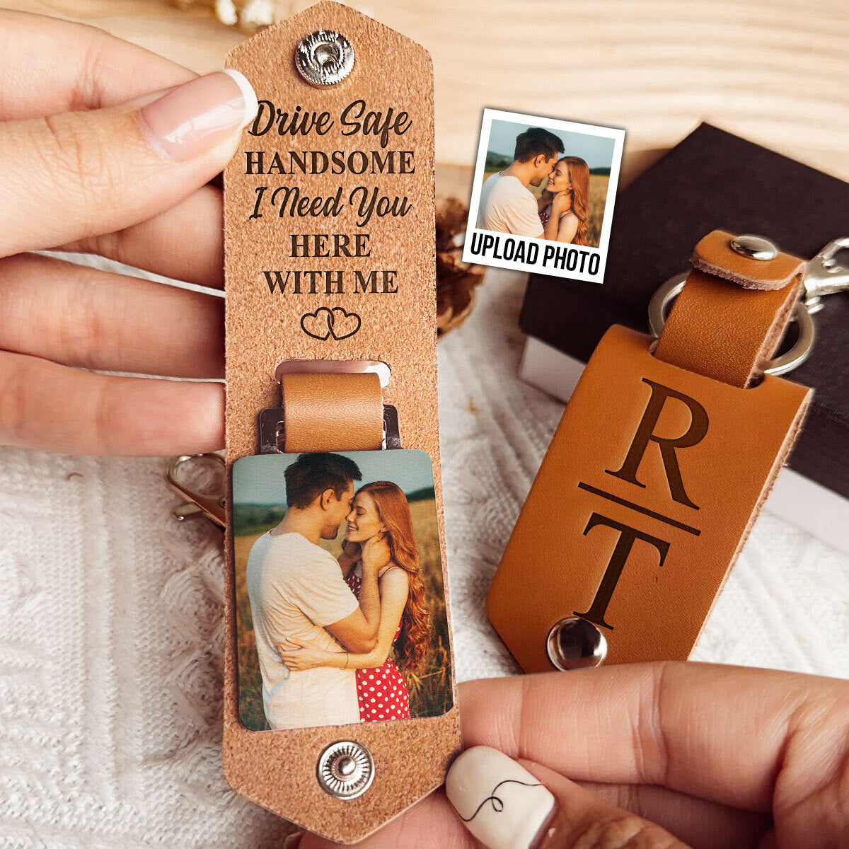 Drive Safe Handsome - Personalized Leather Photo Keychain