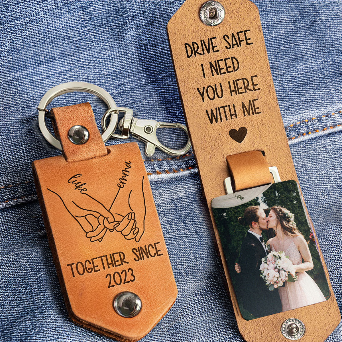 Drive Safe I Need You Wedding Gift - Personalized Leather Photo Keychain