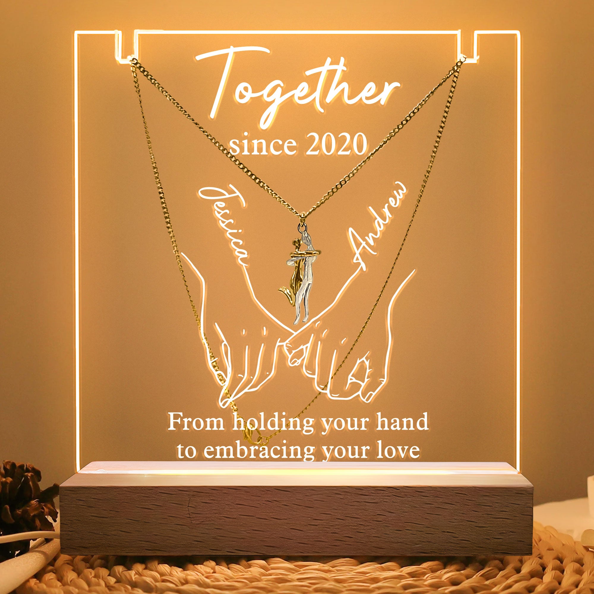 Embracing Your Love - Personalized LED Light Acrylic Plaque With Couple Necklace