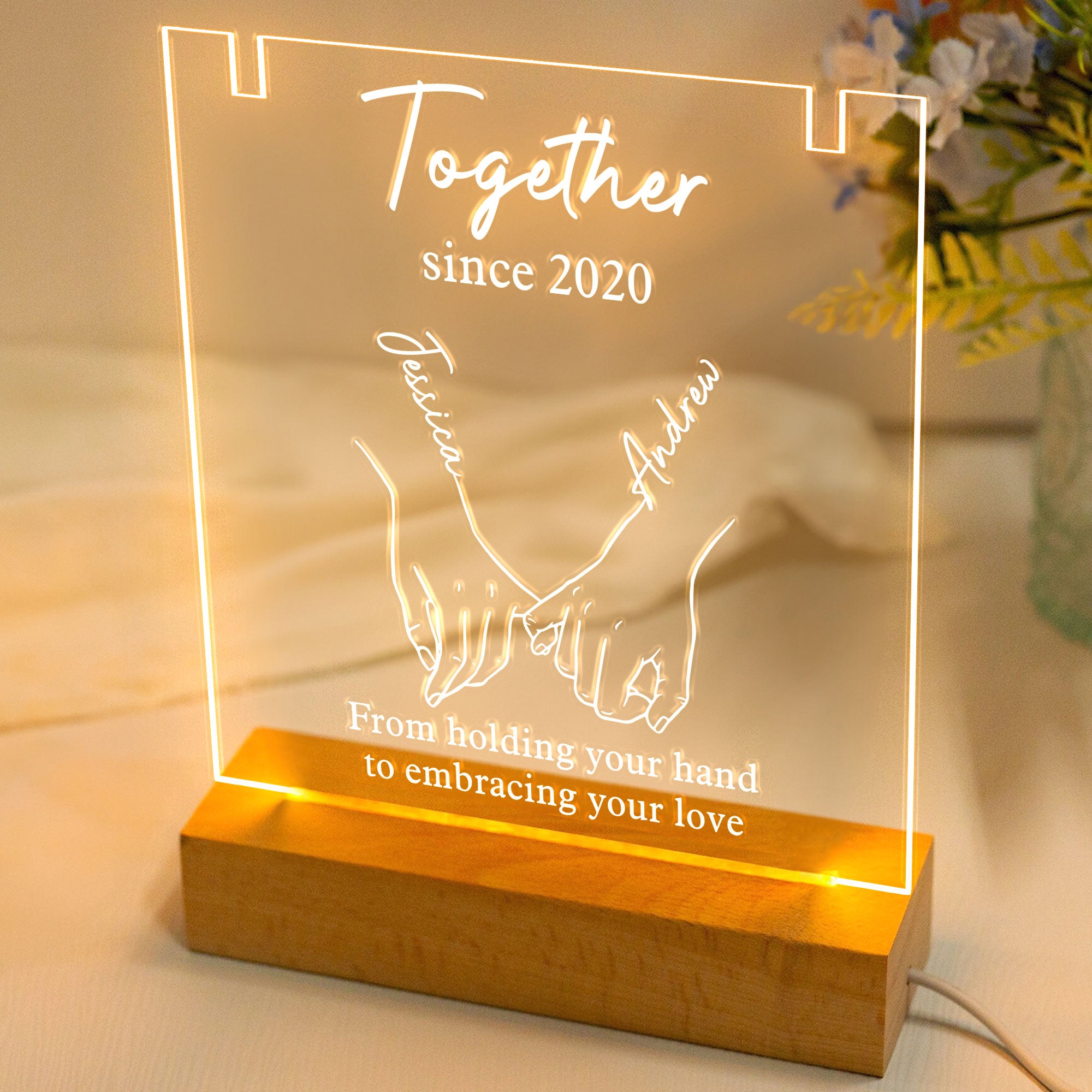 Embracing Your Love - Personalized LED Light Acrylic Plaque With Couple Necklace