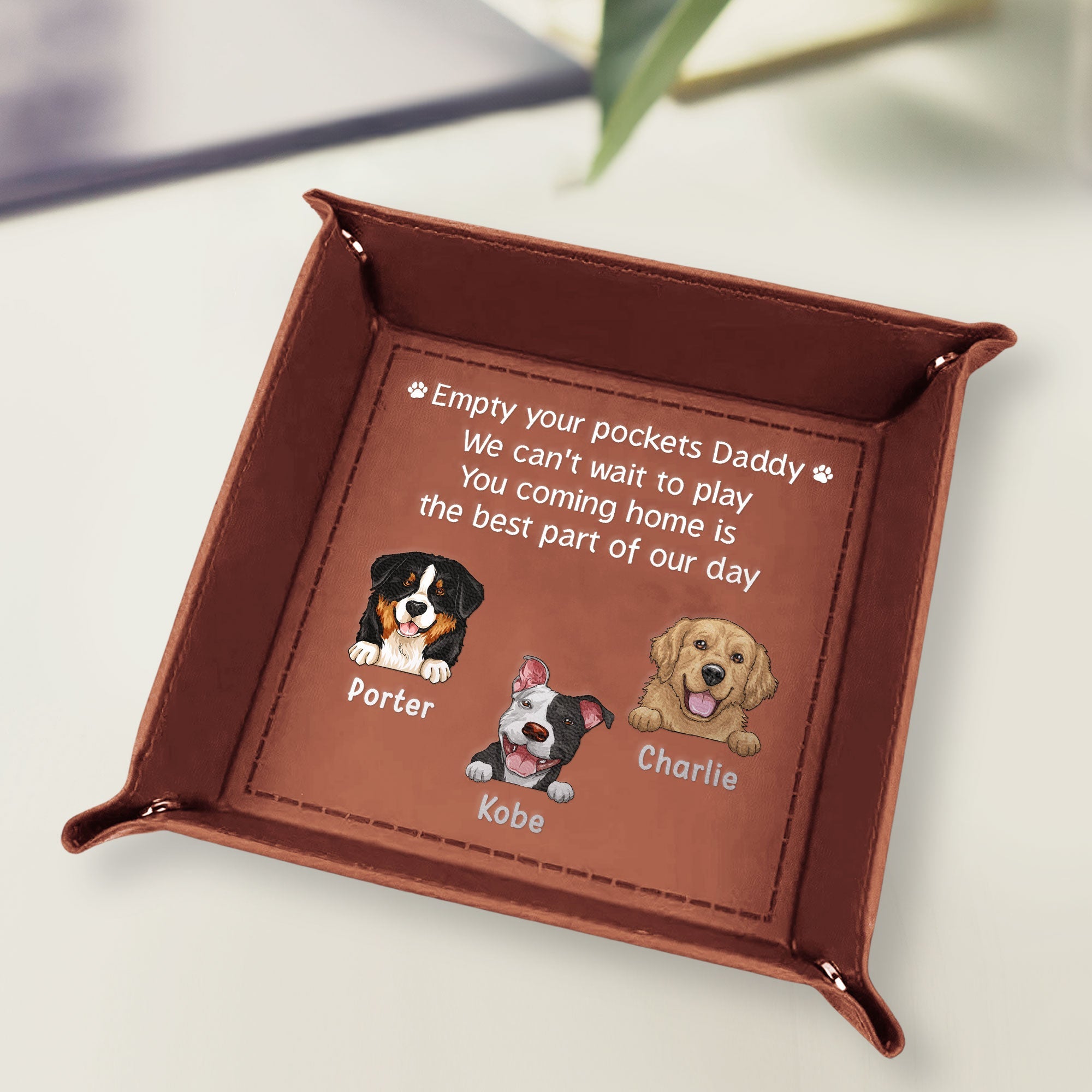 Empty Your Pockets Daddy Play With Us Dogs - Personalized Leather Valet Tray