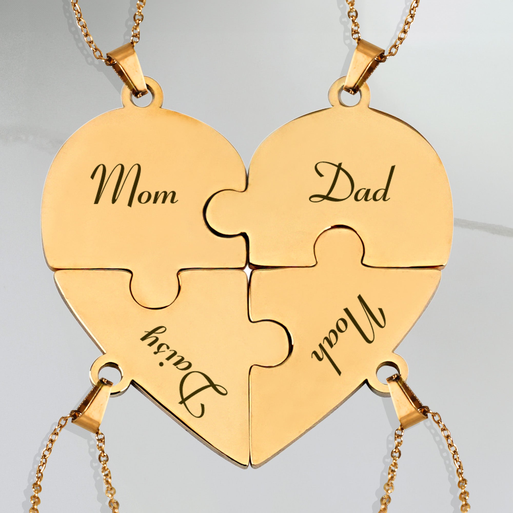 Engraved Family Name Puzzle Hearts - Personalized Heart Puzzle Name Necklace