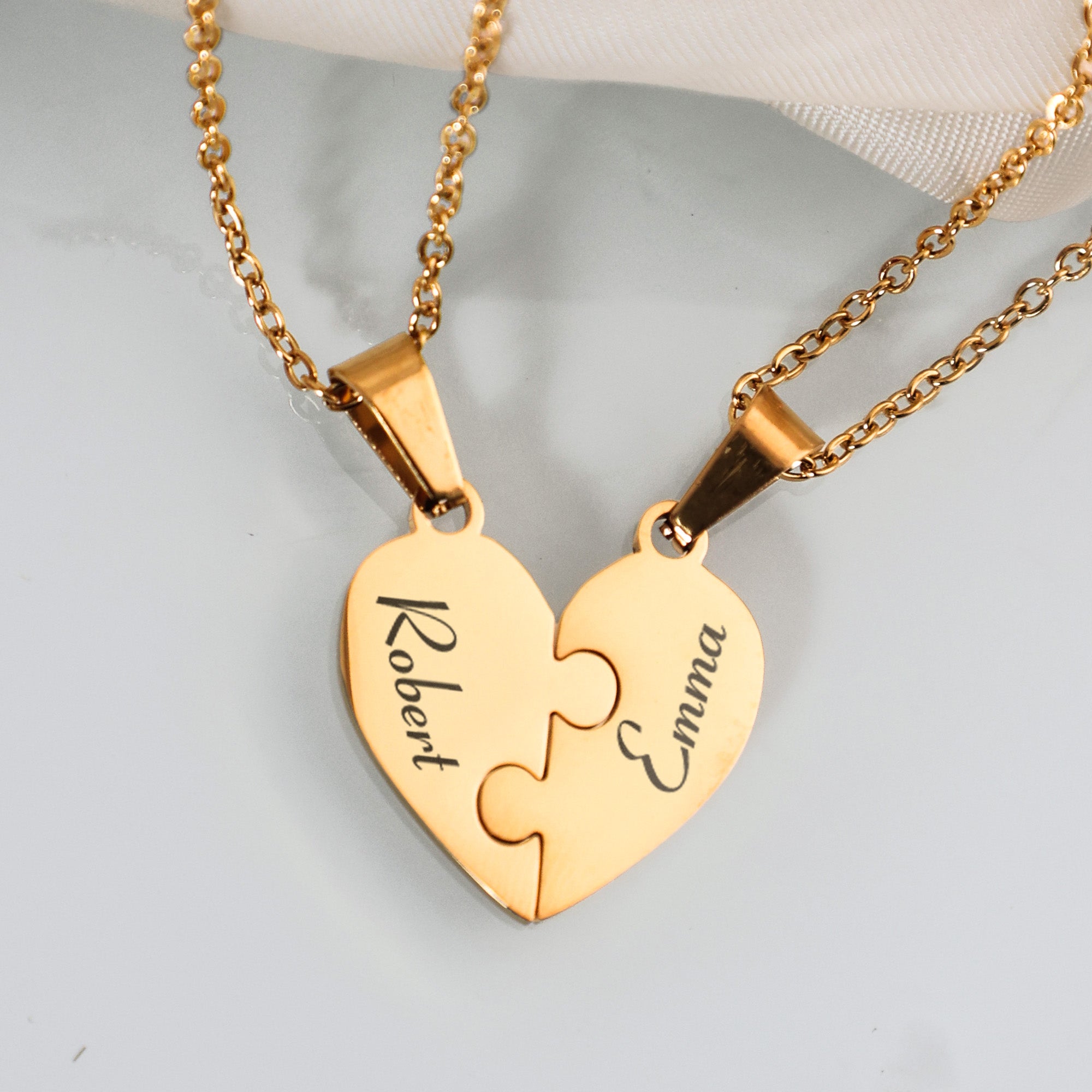 Engraved Family Name Puzzle Hearts - Personalized Heart Puzzle Name Necklace