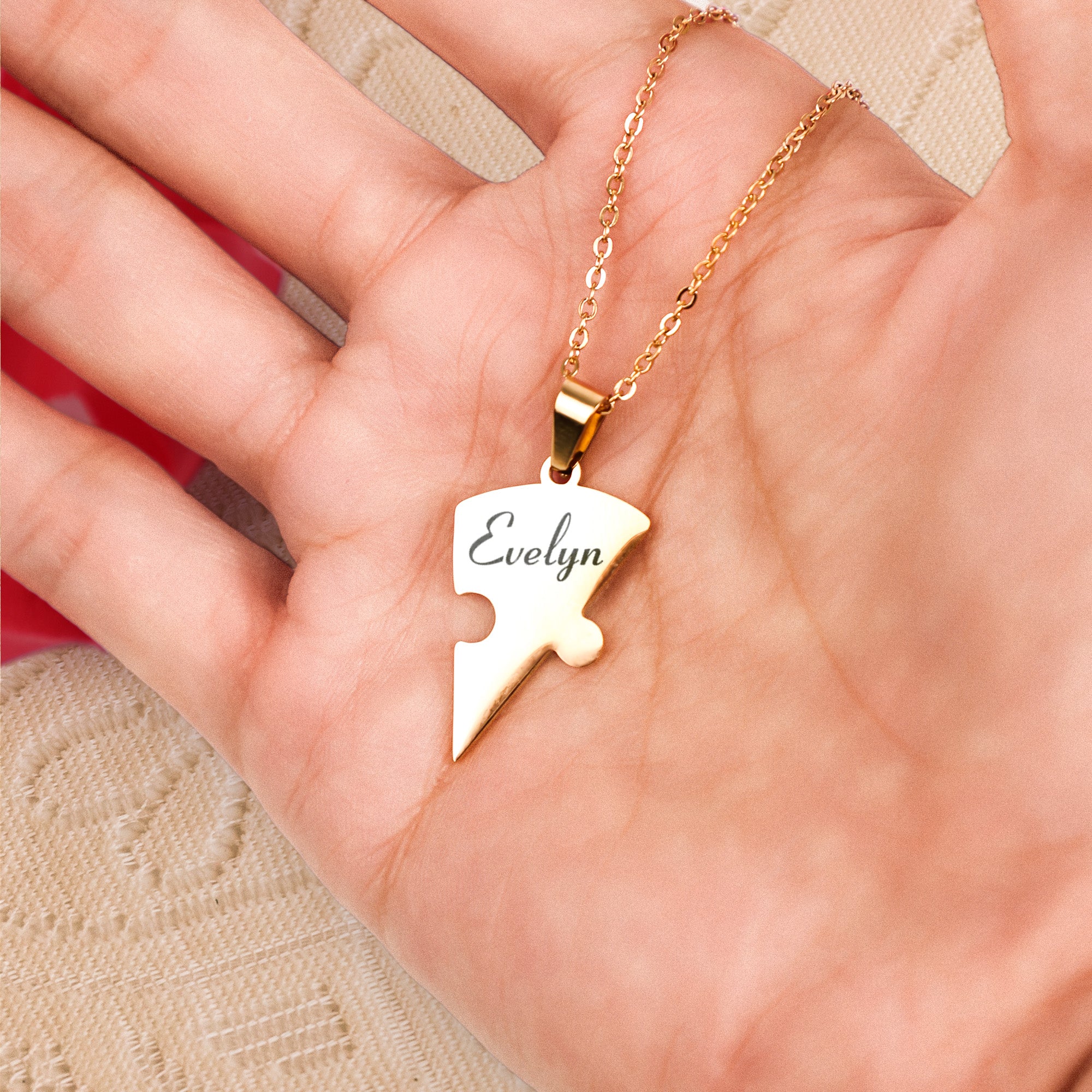 Engraved Family Name Puzzle Hearts - Personalized Heart Puzzle Name Necklace