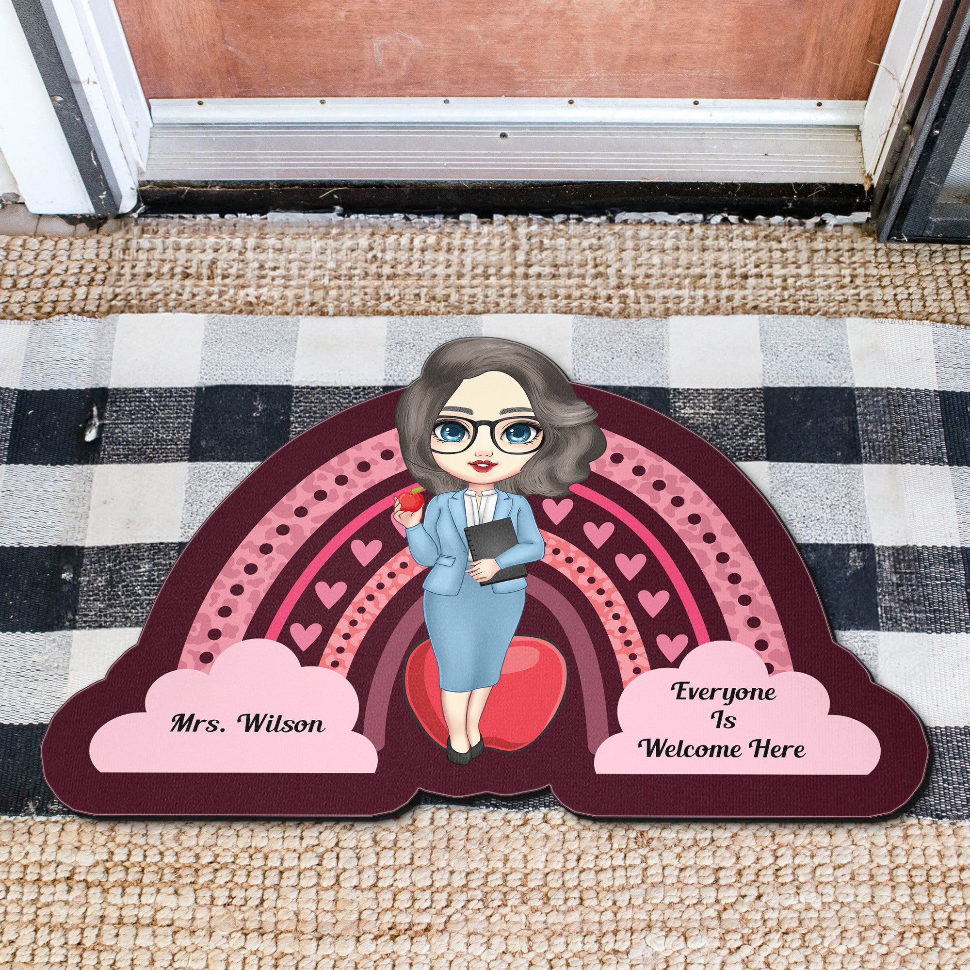 Everyone Is Welcome Here With Boho Rainbow - Personalized Doormat