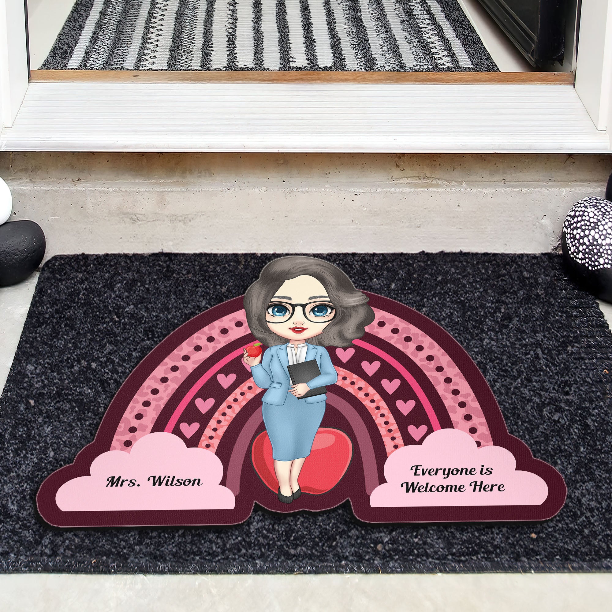 Everyone Is Welcome Here With Boho Rainbow - Personalized Doormat