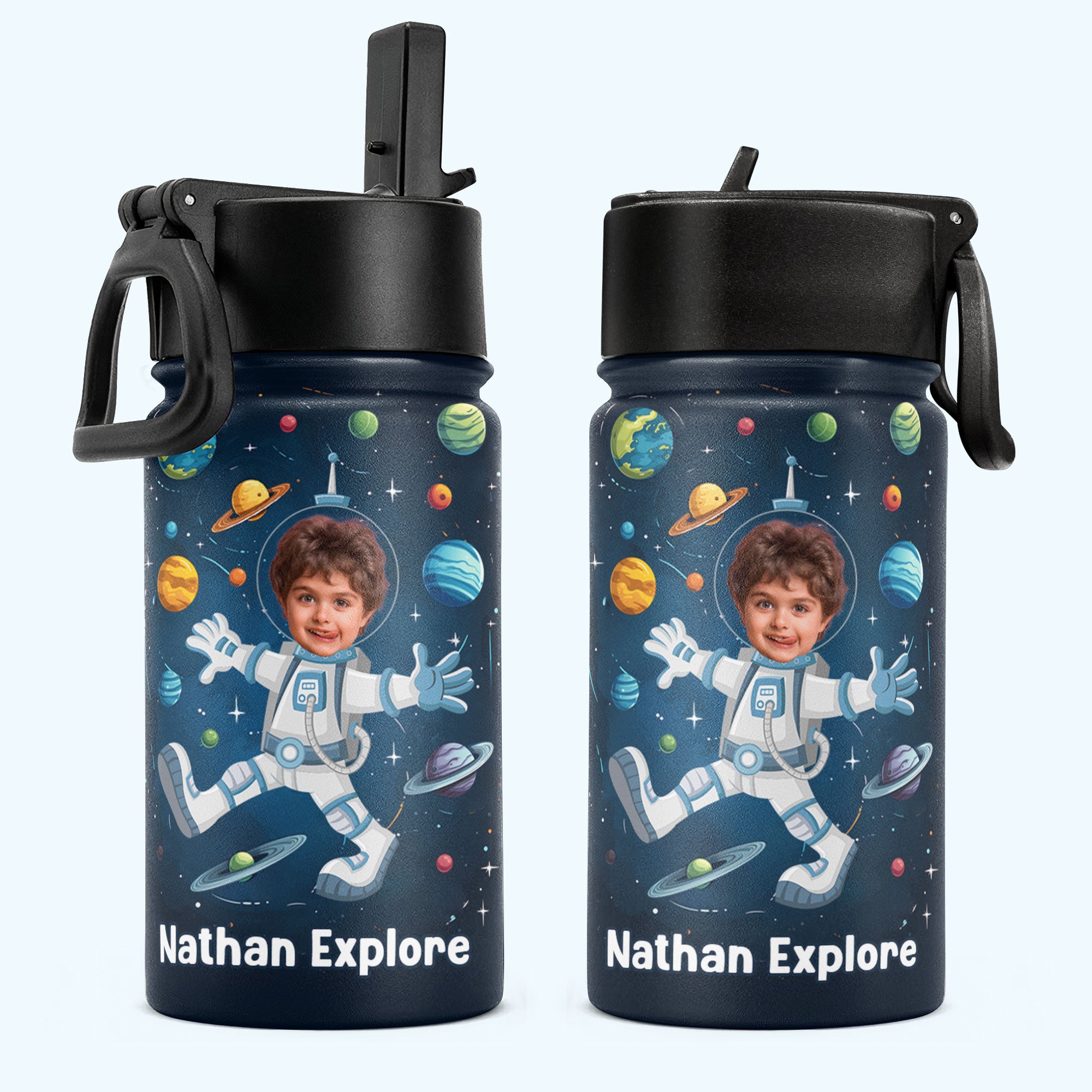 Explore The Universe As Astronaut - Personalized Photo Kids Water Bottle With Straw Lid