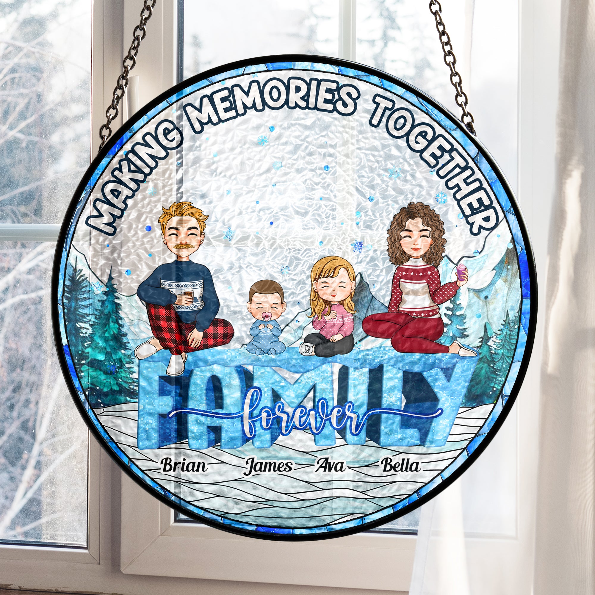 Family Around Christmas Tree - Personalized Stained Glass Window Hanging Suncatcher