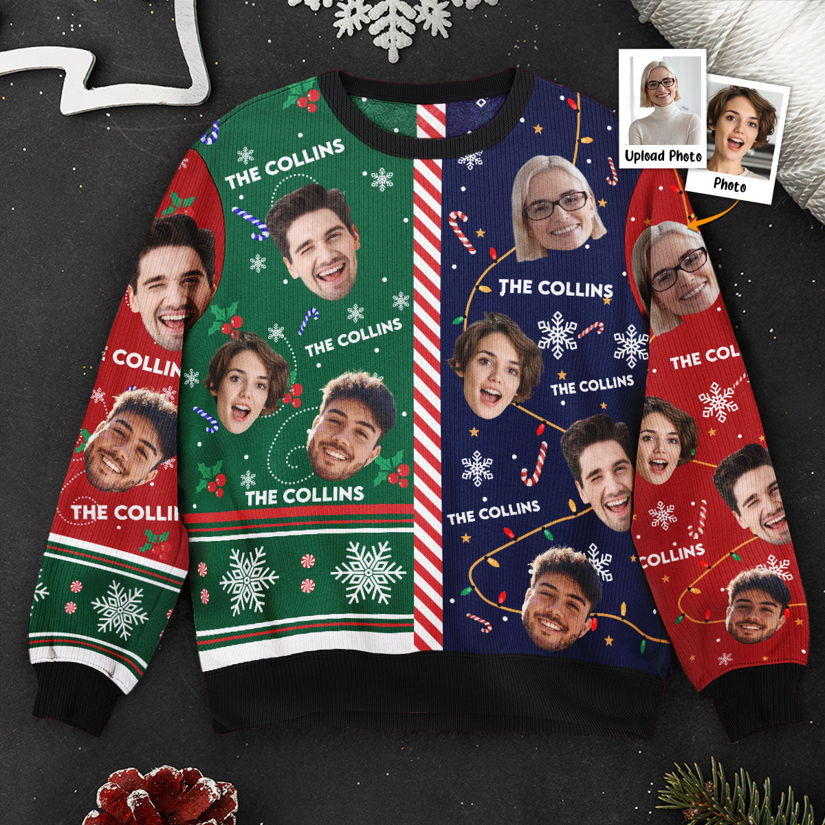 Family Candy Cane Christmas - Personalized Photo Ugly Sweater