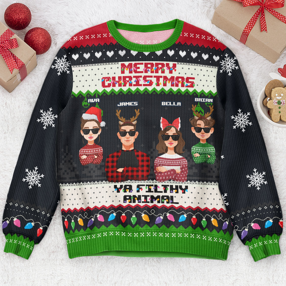 Family Christmas Sweater Merry Christmas Ya Filthy Animal - Personalized Ugly Sweater