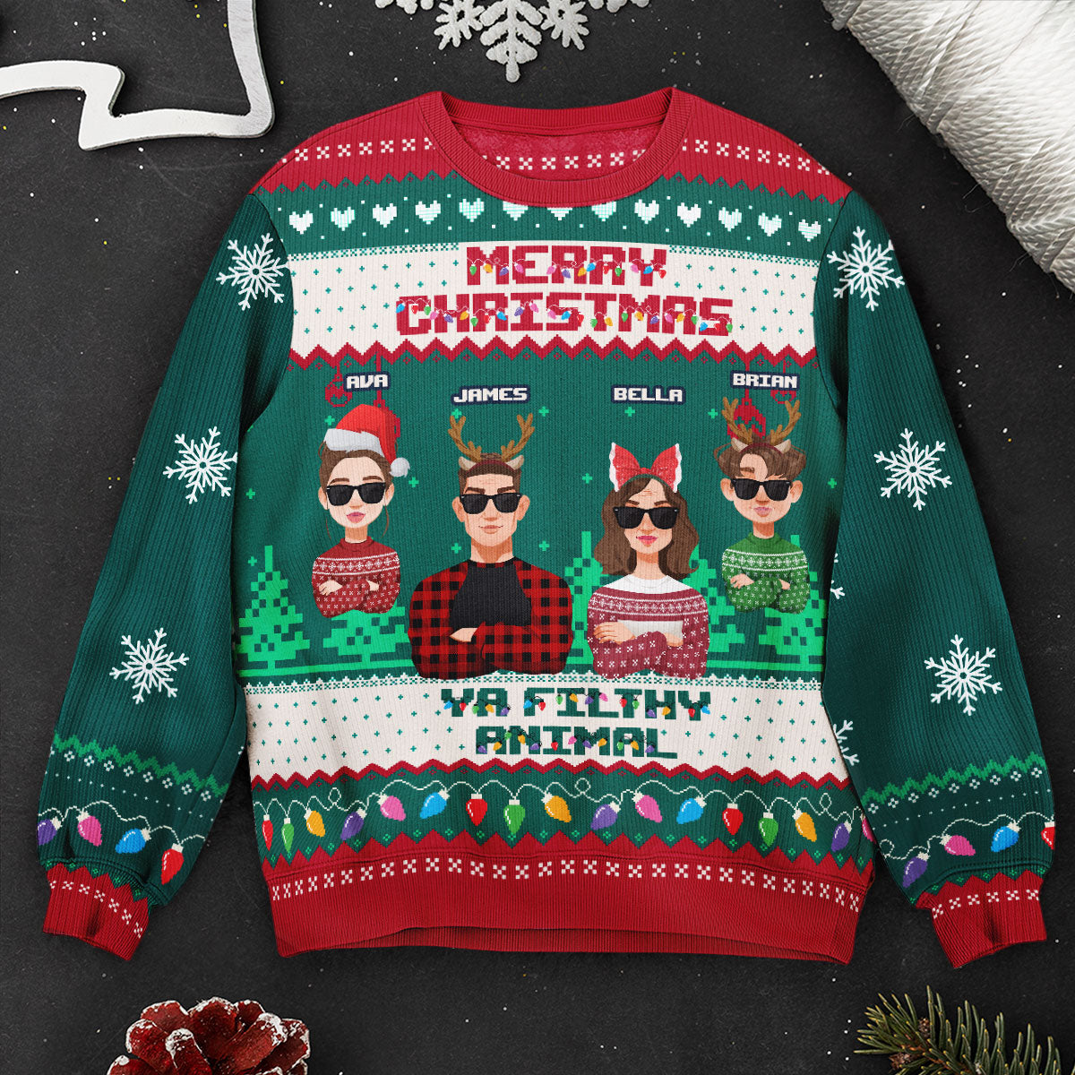 Family Christmas Sweater Merry Christmas Ya Filthy Animal - Personalized Ugly Sweater