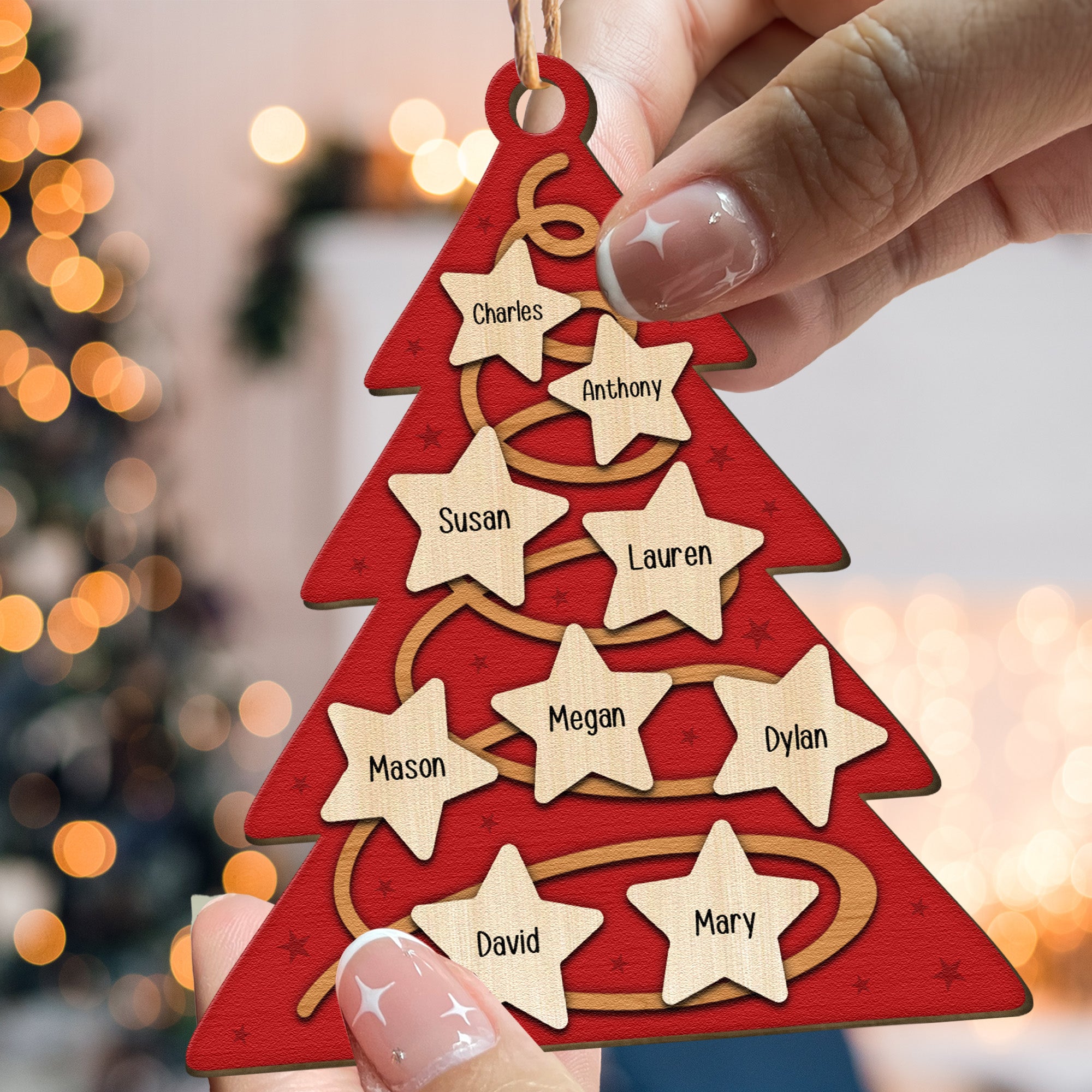 Family Christmas Tree With Star Ornament - Personalized Wooden Photo Ornament