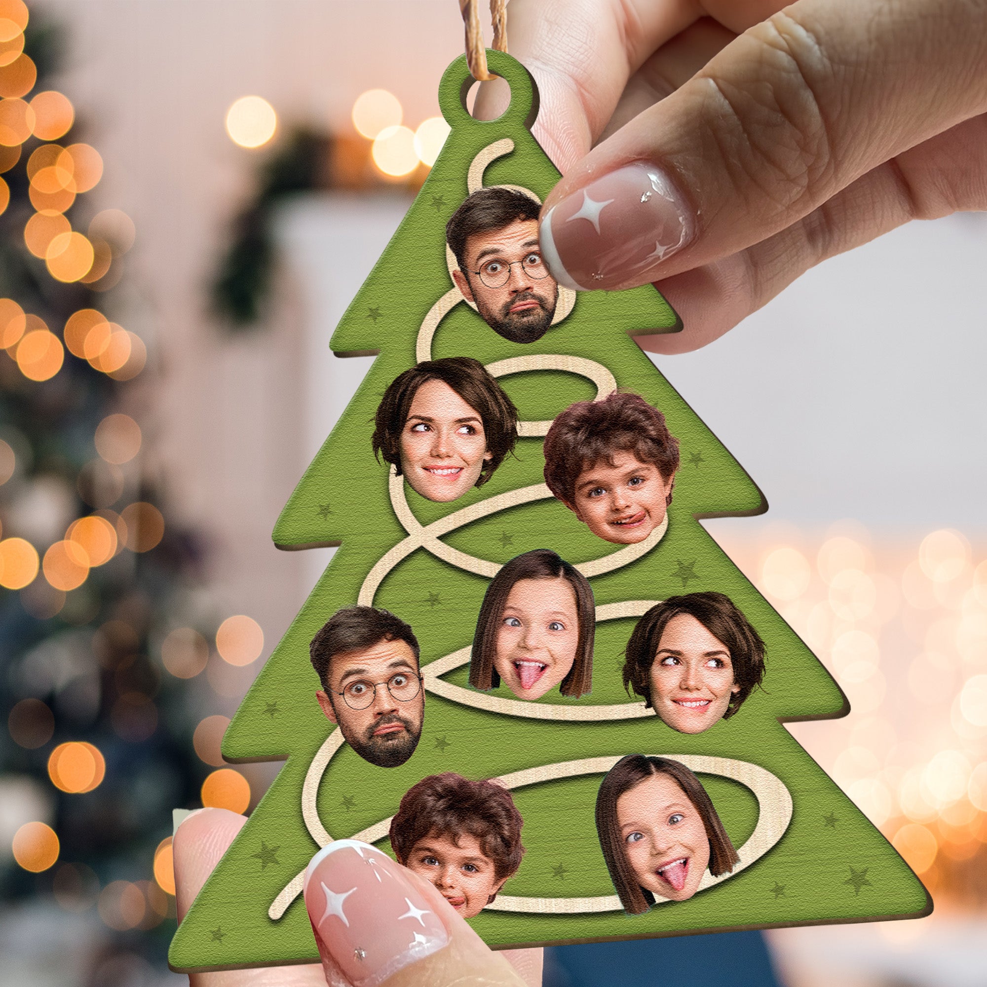 Family Christmas Tree With Star Ornament - Personalized Wooden Photo Ornament