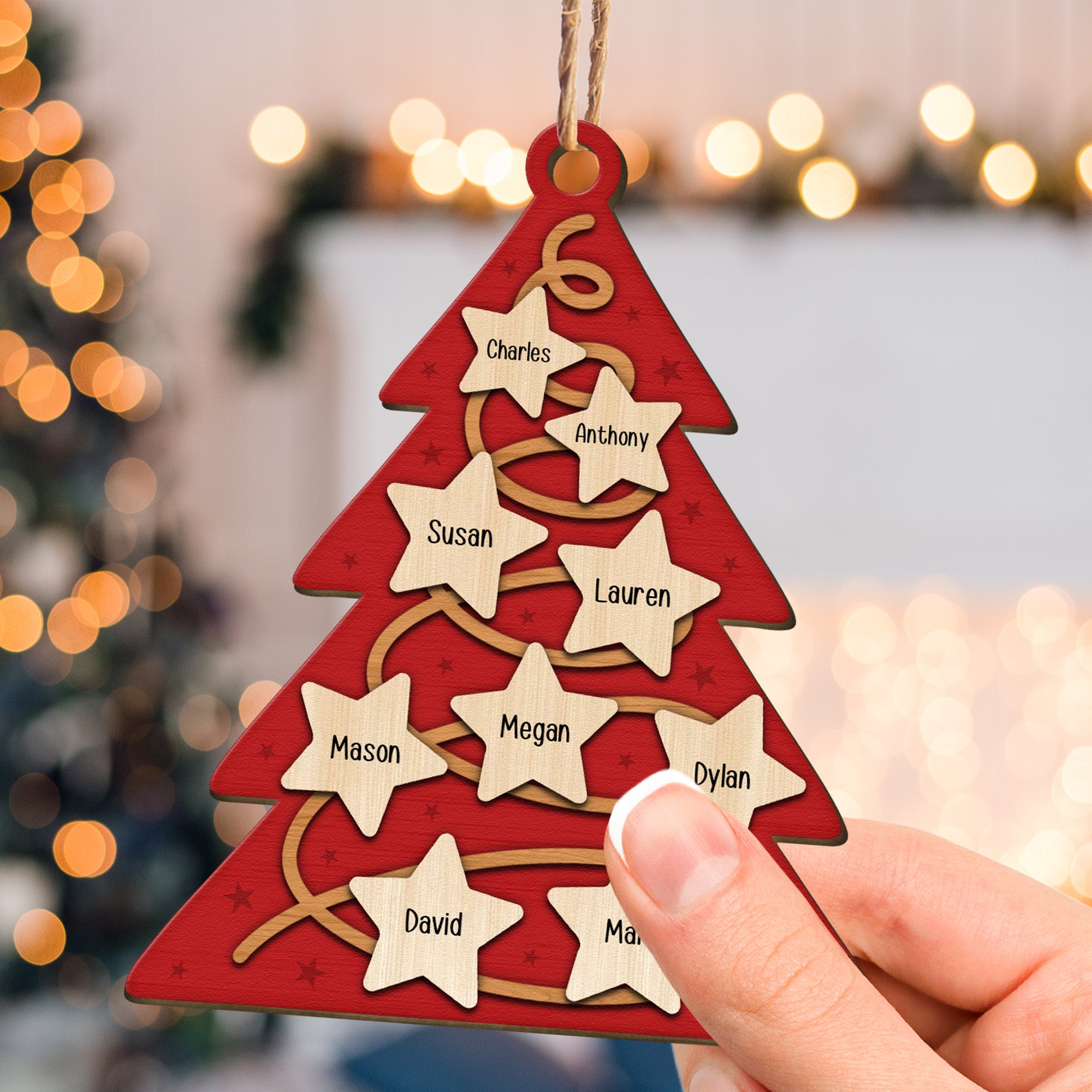 Family Christmas Tree With Star Ornament - Personalized Wooden Photo Ornament