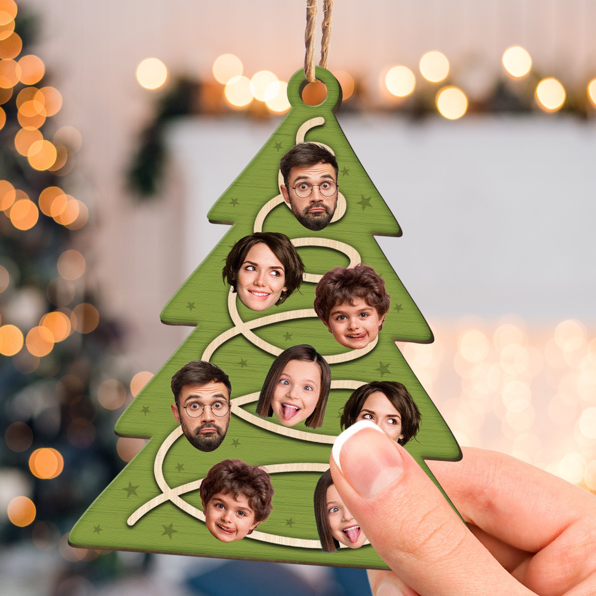 Family Christmas Tree With Star Ornament - Personalized Wooden Photo Ornament