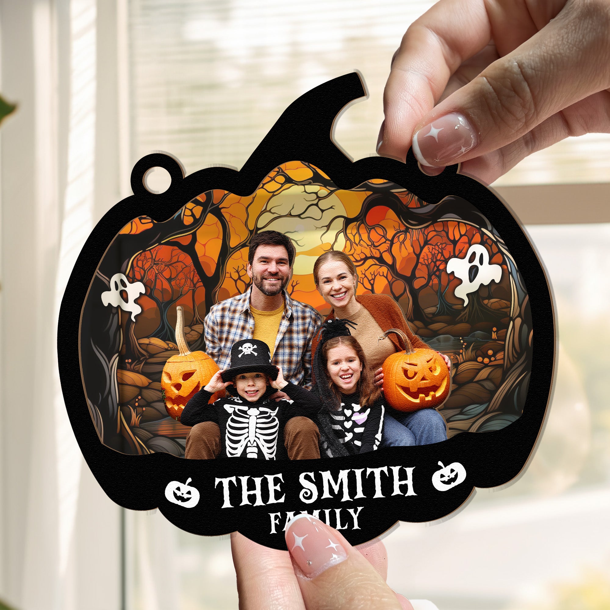 Family Halloween Decoration - Personalized Window Hanging Suncatcher Photo Ornament