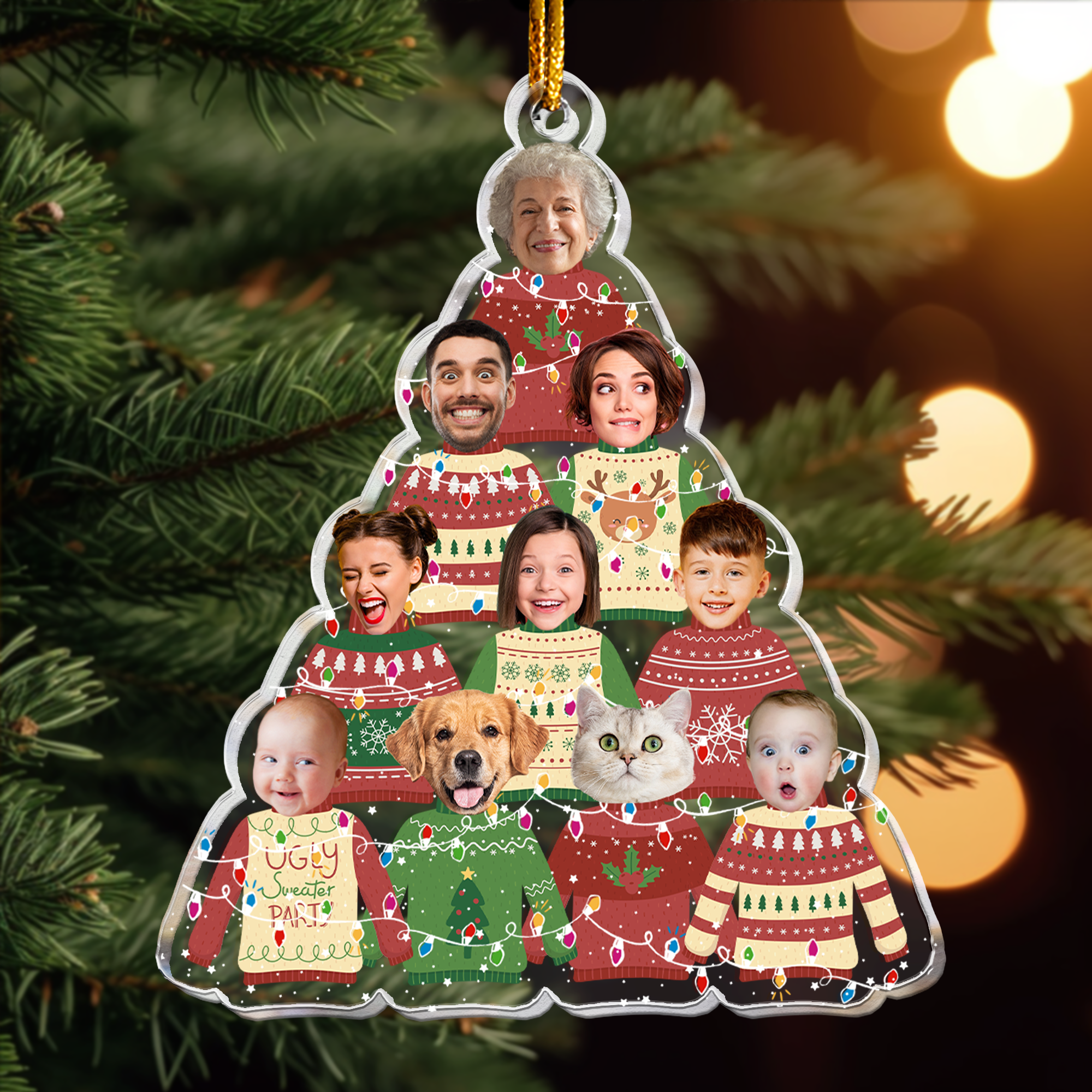 Family In Christmas Ugly Sweater Custom Fun Face - Personalized Acrylic Photo Ornament