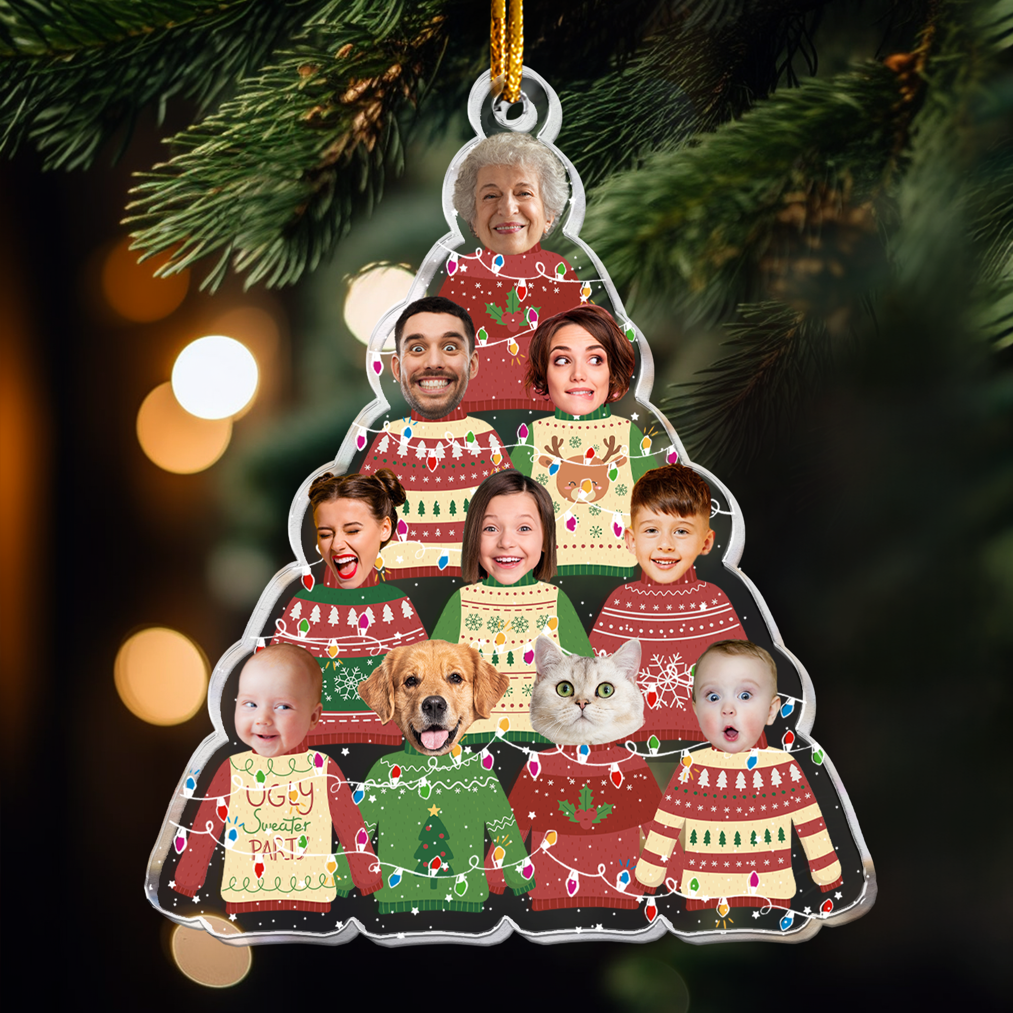 Family In Christmas Ugly Sweater Custom Fun Face - Personalized Acrylic Photo Ornament