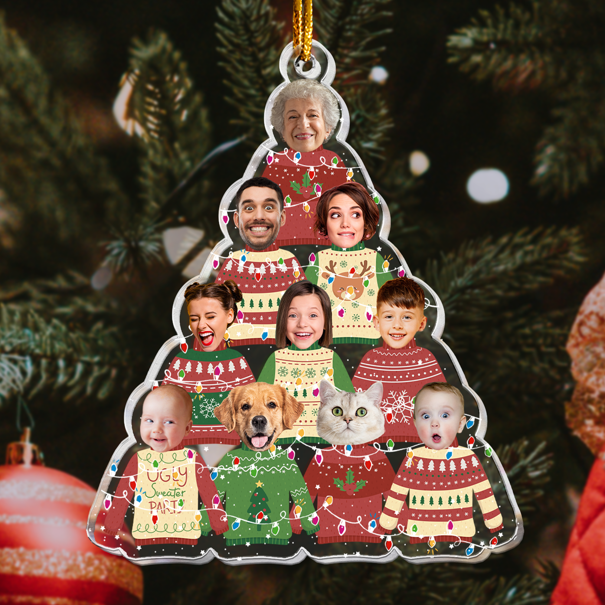 Family In Christmas Ugly Sweater Custom Fun Face - Personalized Acrylic Photo Ornament