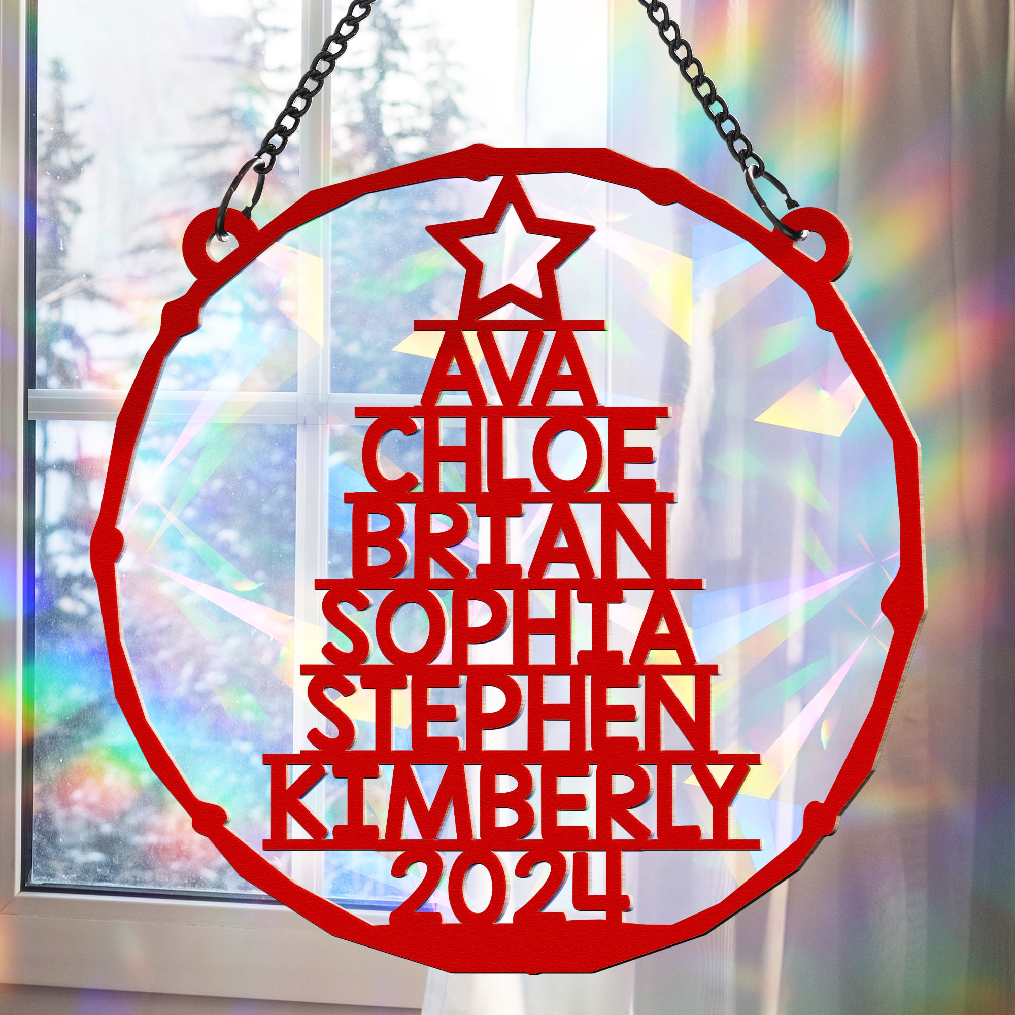 Family Member Names Christmas Tree - Personalized Rainbow Suncatcher