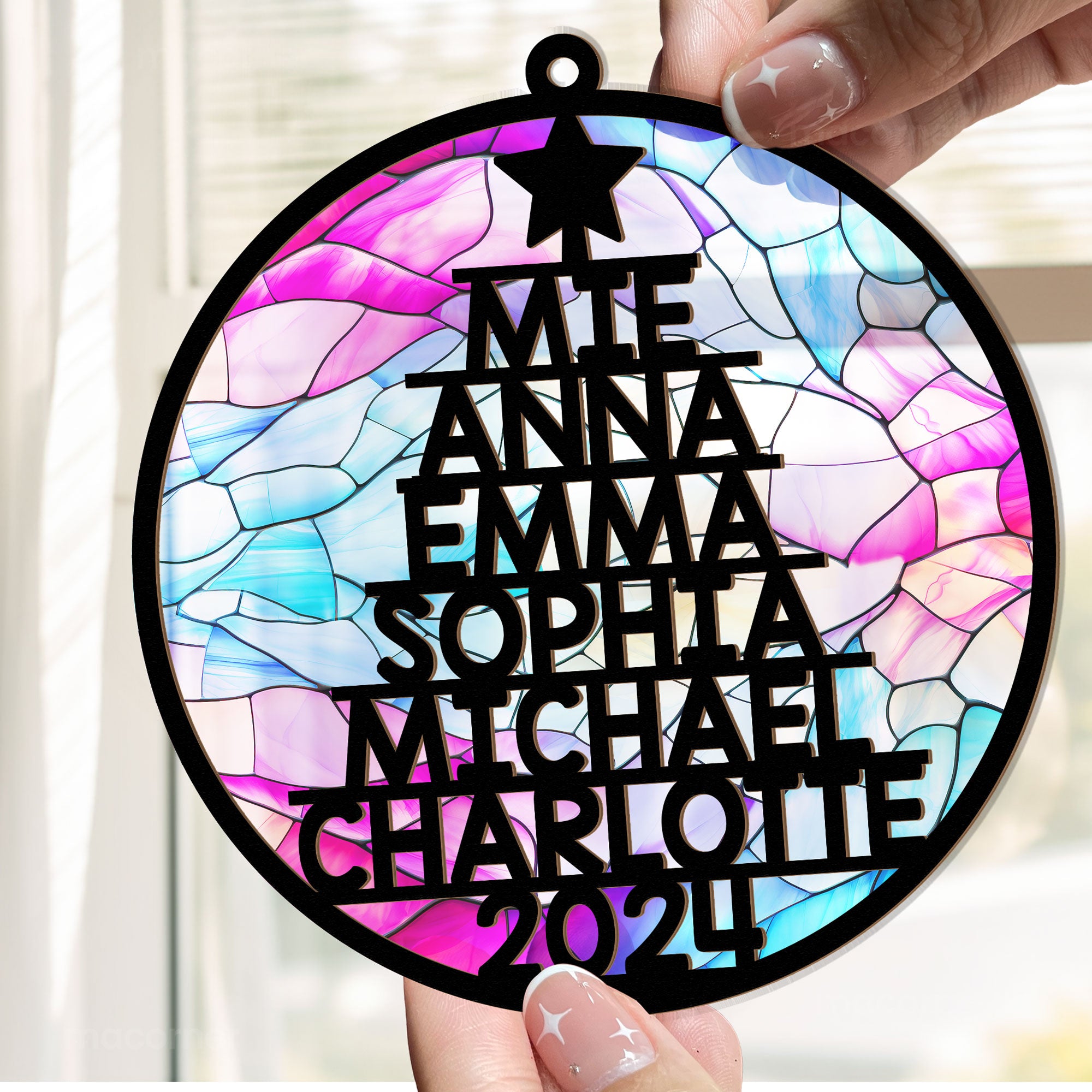 Family Member Names Christmas Tree - Personalized Window Hanging Suncatcher Ornament