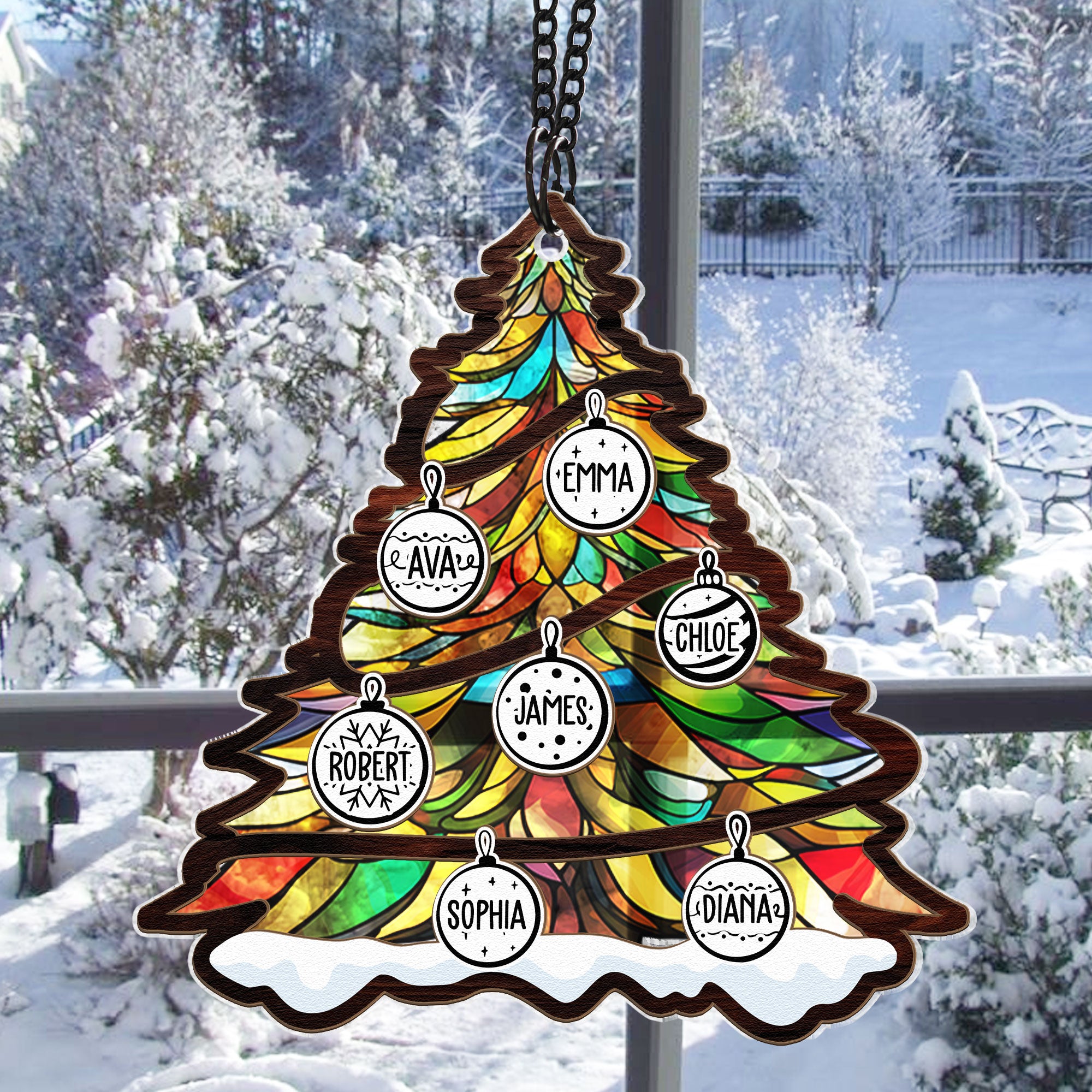 Family On Christmas Tree - Personalized Window Hanging Suncatcher Ornament