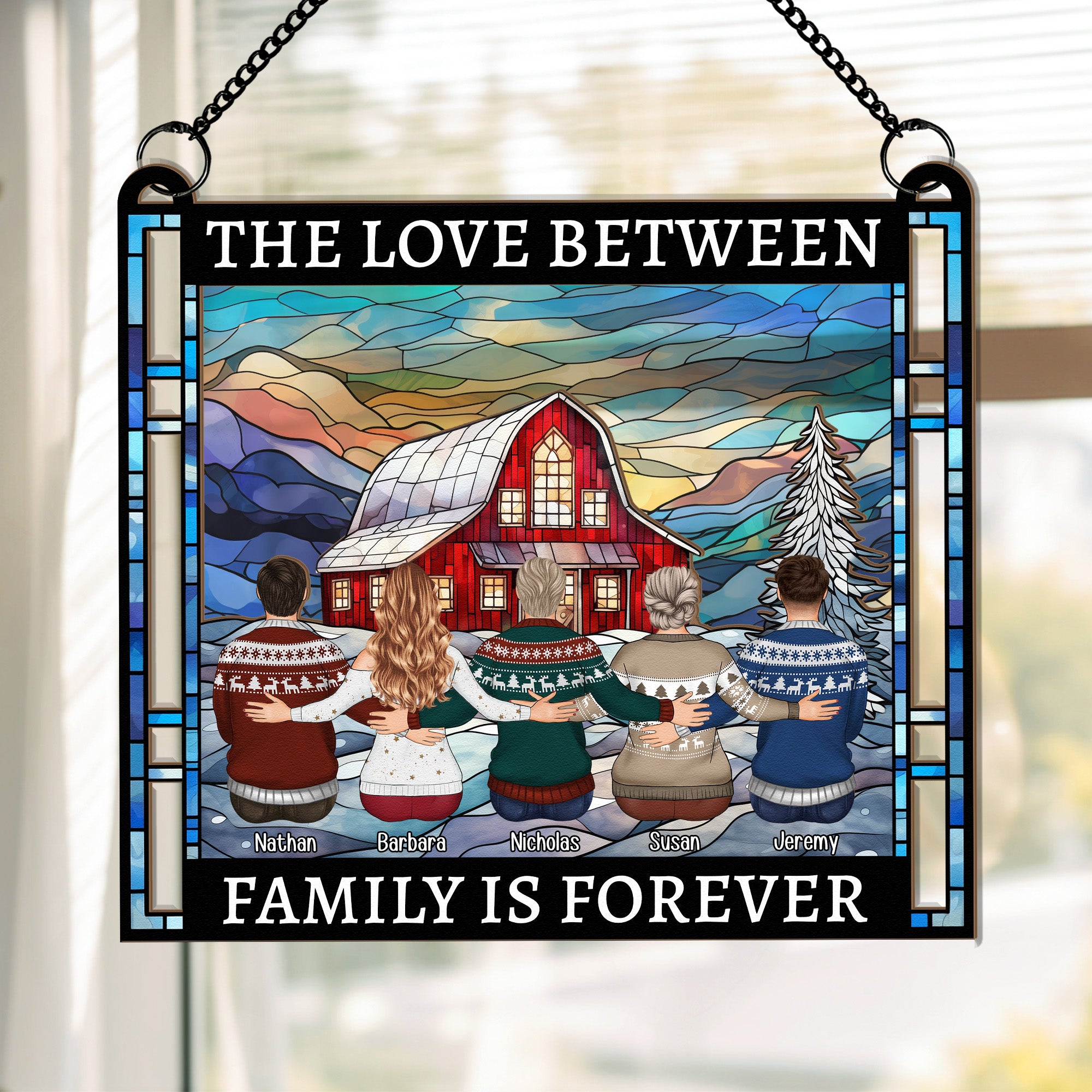 Family, Friends Sitting Together Christmas Red Barn - Personalized Suncatcher Window Hanging Ornament