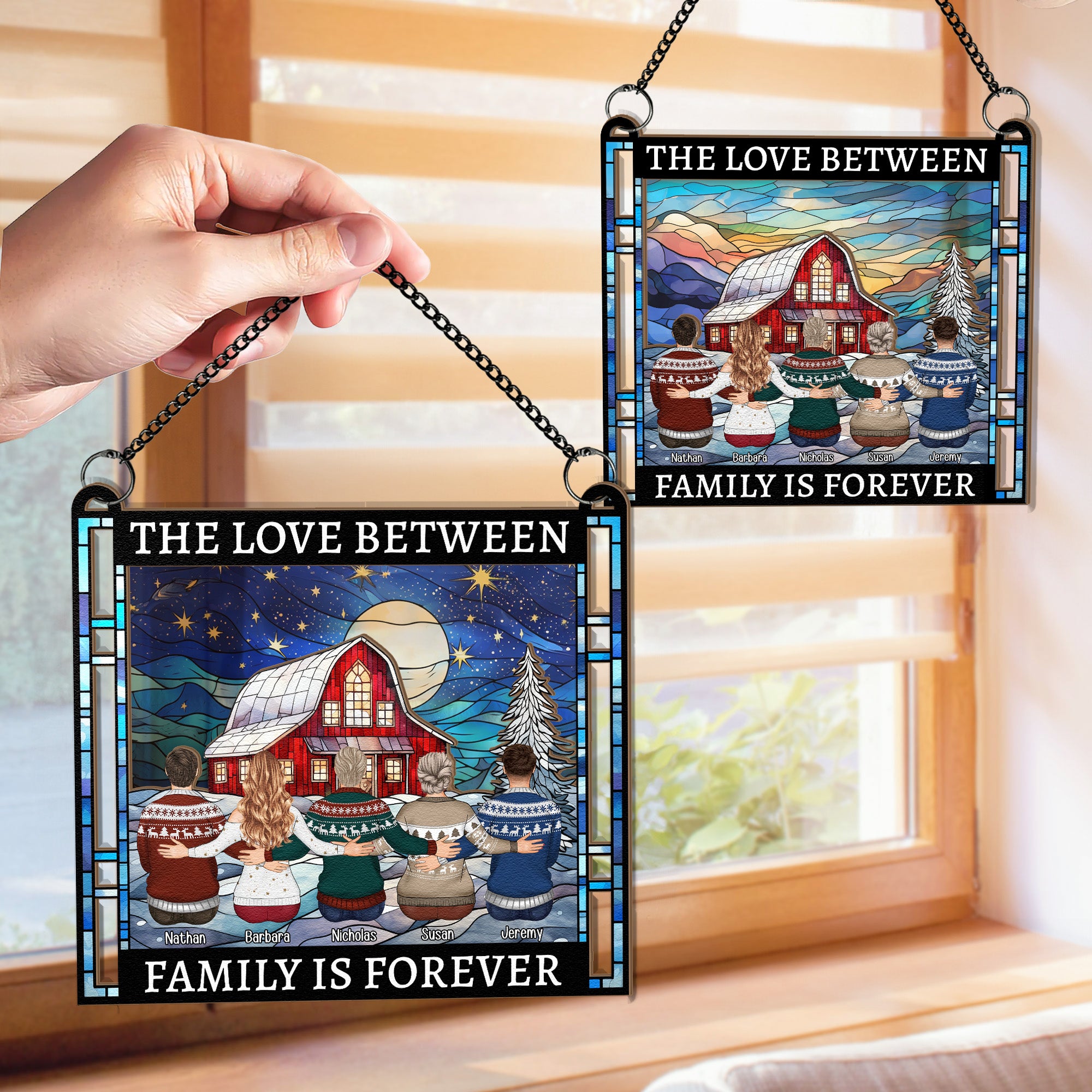 Family, Friends Sitting Together Christmas Red Barn - Personalized Suncatcher Window Hanging Ornament