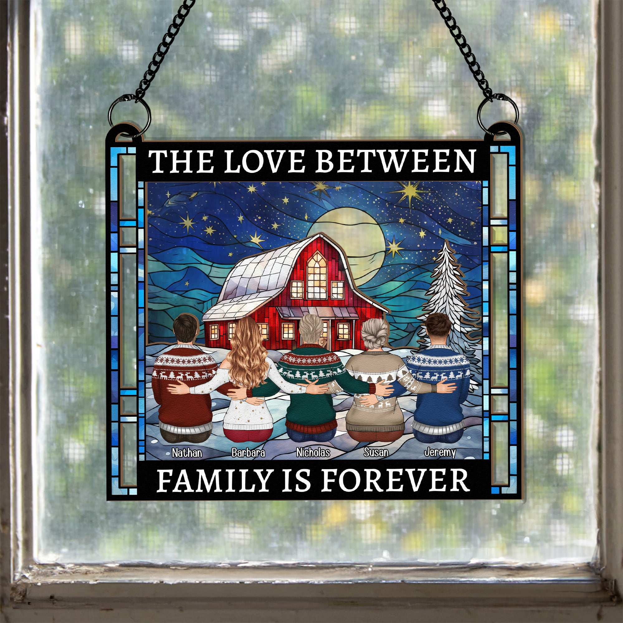 Family, Friends Sitting Together Christmas Red Barn - Personalized Suncatcher Window Hanging Ornament