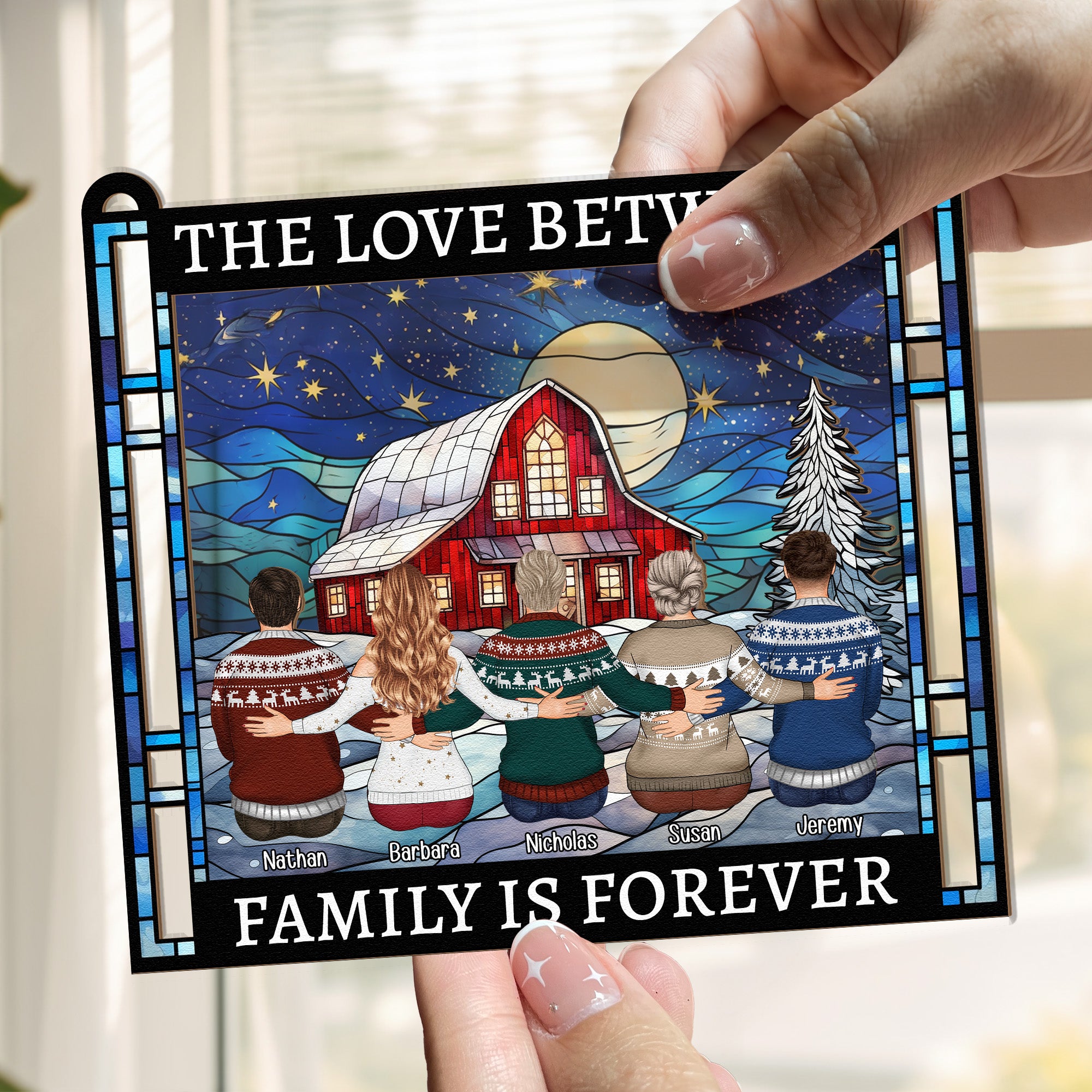 Family, Friends Sitting Together Christmas Red Barn - Personalized Suncatcher Window Hanging Ornament