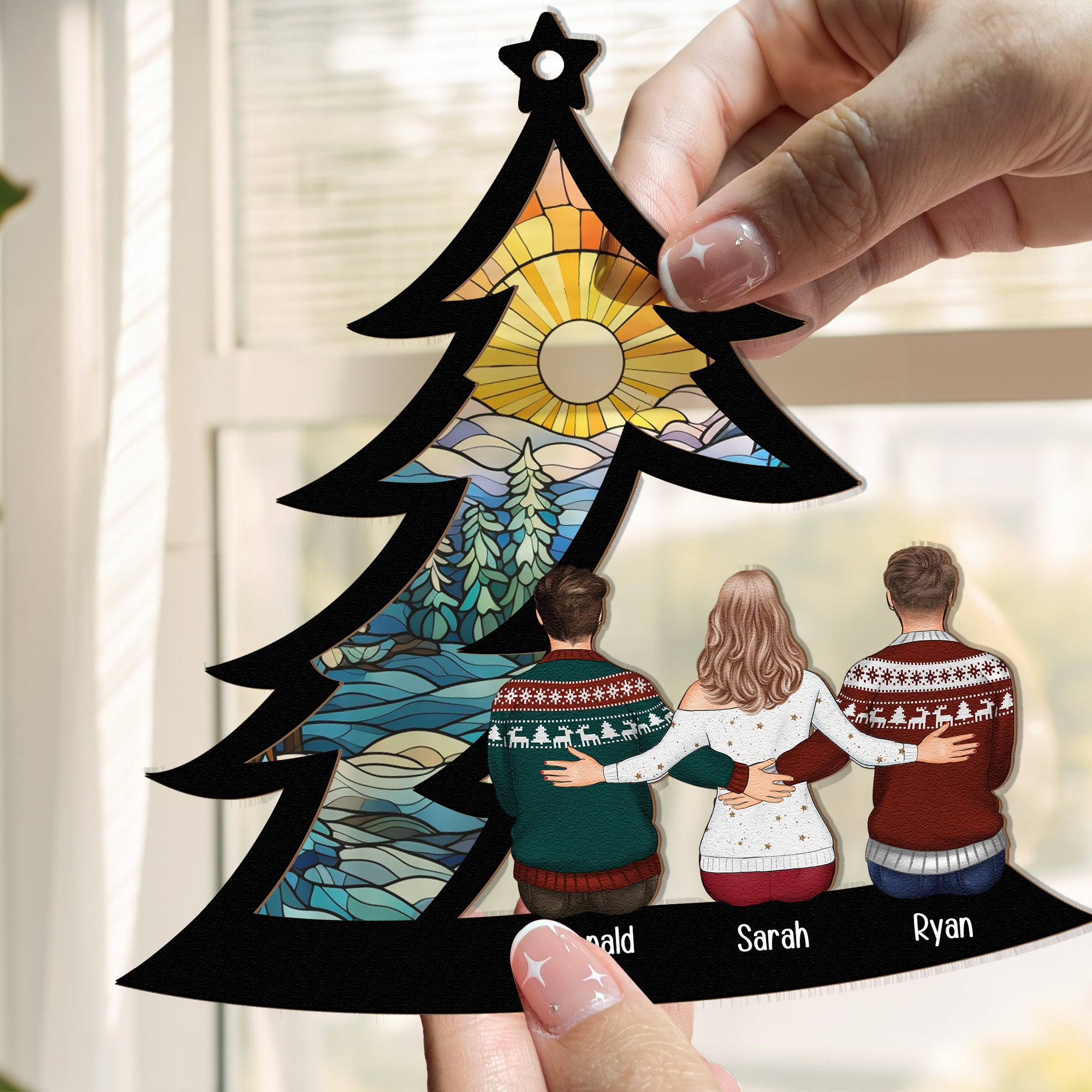 Family, Siblings Sitting Under Christmas Tree - Personalized Window Hanging Suncatcher Ornament