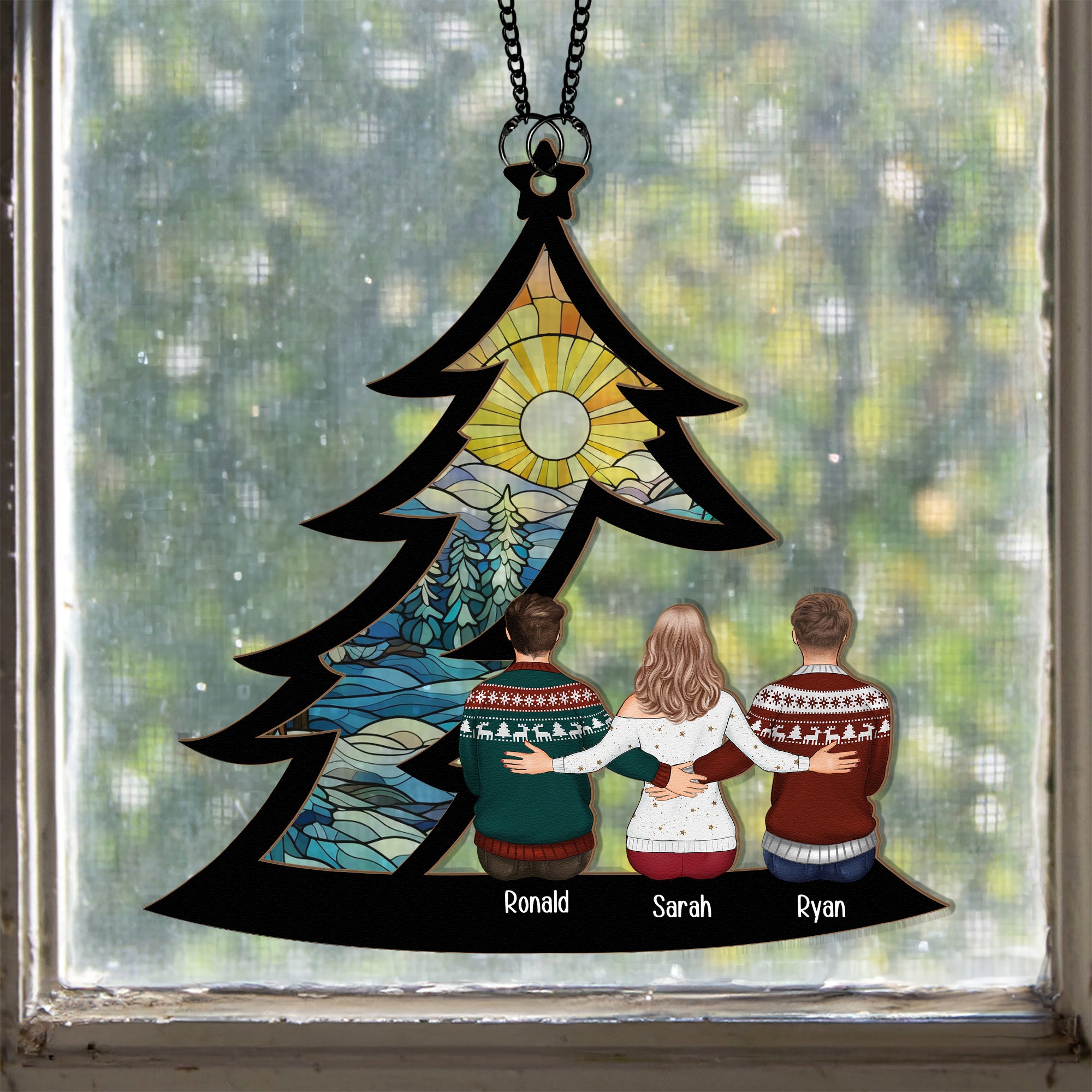 Family, Siblings Sitting Under Christmas Tree - Personalized Window Hanging Suncatcher Ornament